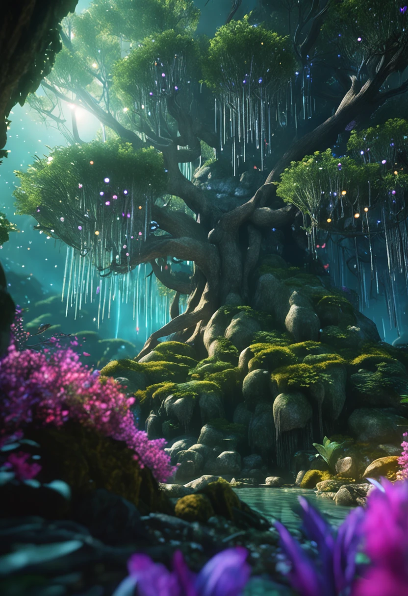 The entire body of a giant crystal tree、Very detailed and magical lighting、Detalhes da floresta complexa、Vegetation and rivers、solarpunk、Paisagens、massive trees、Beautiful lush with beautiful lighting and realistic proportions、It's like a movie background、8k、qualidade superior、obra prima、nuvem、Stars in the sky、brilho da noite、suns