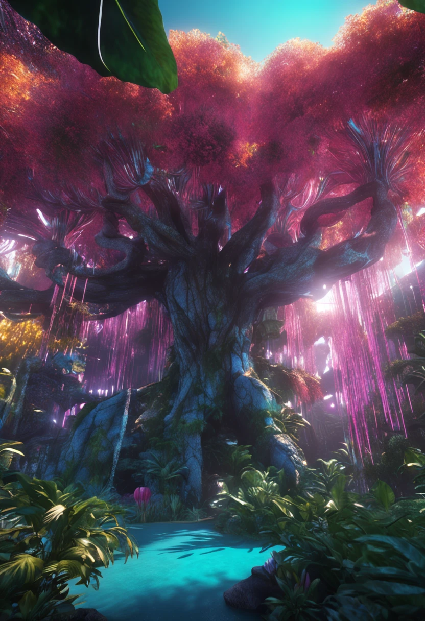 The entire body of a giant crystal tree、Very detailed and magical lighting、Detalhes da floresta complexa、Vegetation and rivers、solarpunk、Paisagens、massive trees、Beautiful lush with beautiful lighting and realistic proportions、It's like a movie background、8k、qualidade superior、obra prima、nuvem、Stars in the sky、brilho da noite、suns
