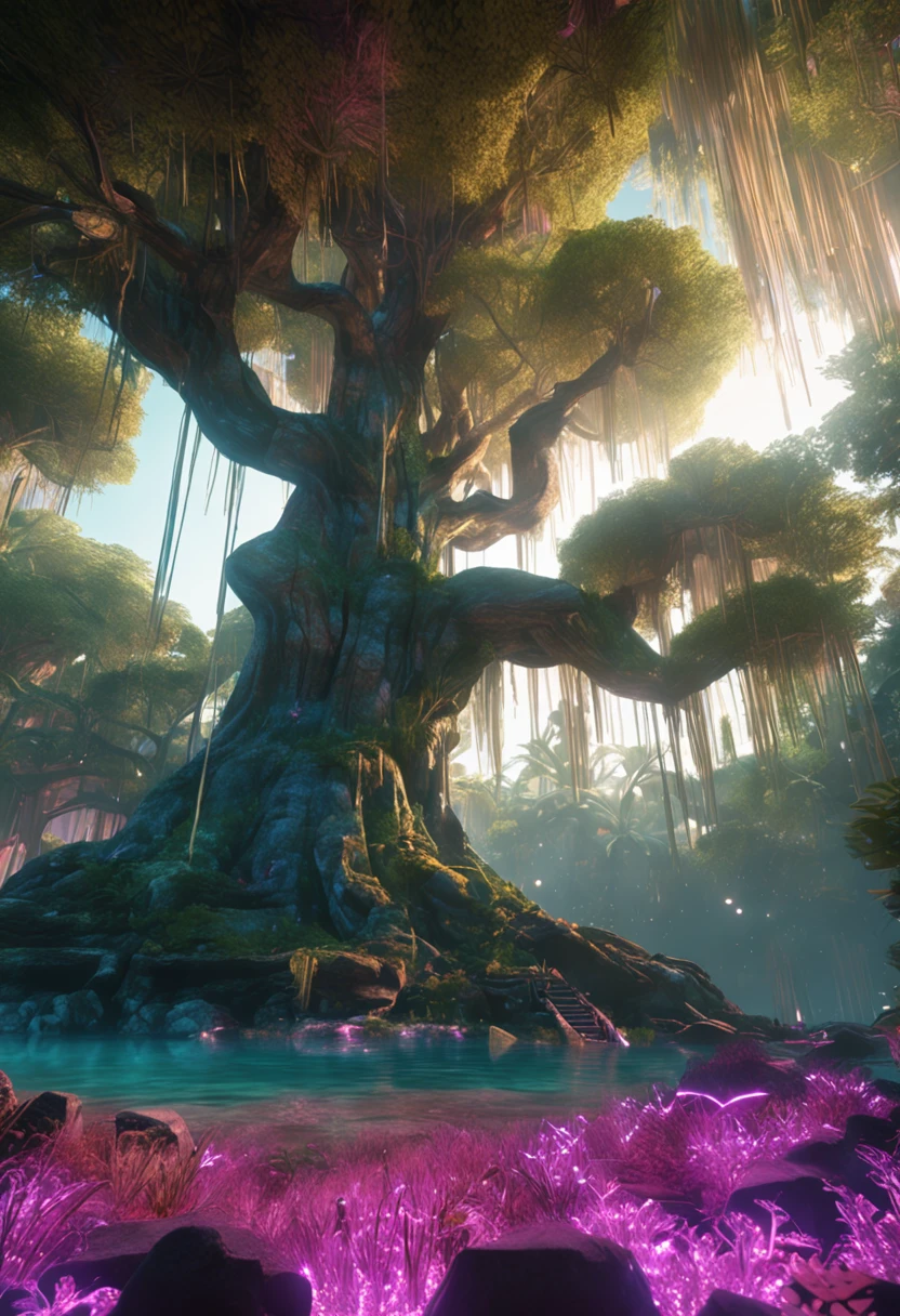 The entire body of a giant crystal tree、Very detailed and magical lighting、Detalhes da floresta complexa、Vegetation and rivers、solarpunk、Paisagens、massive trees、Beautiful lush with beautiful lighting and realistic proportions、It's like a movie background、8k、qualidade superior、obra prima、nuvem、Stars in the sky、brilho da noite、suns