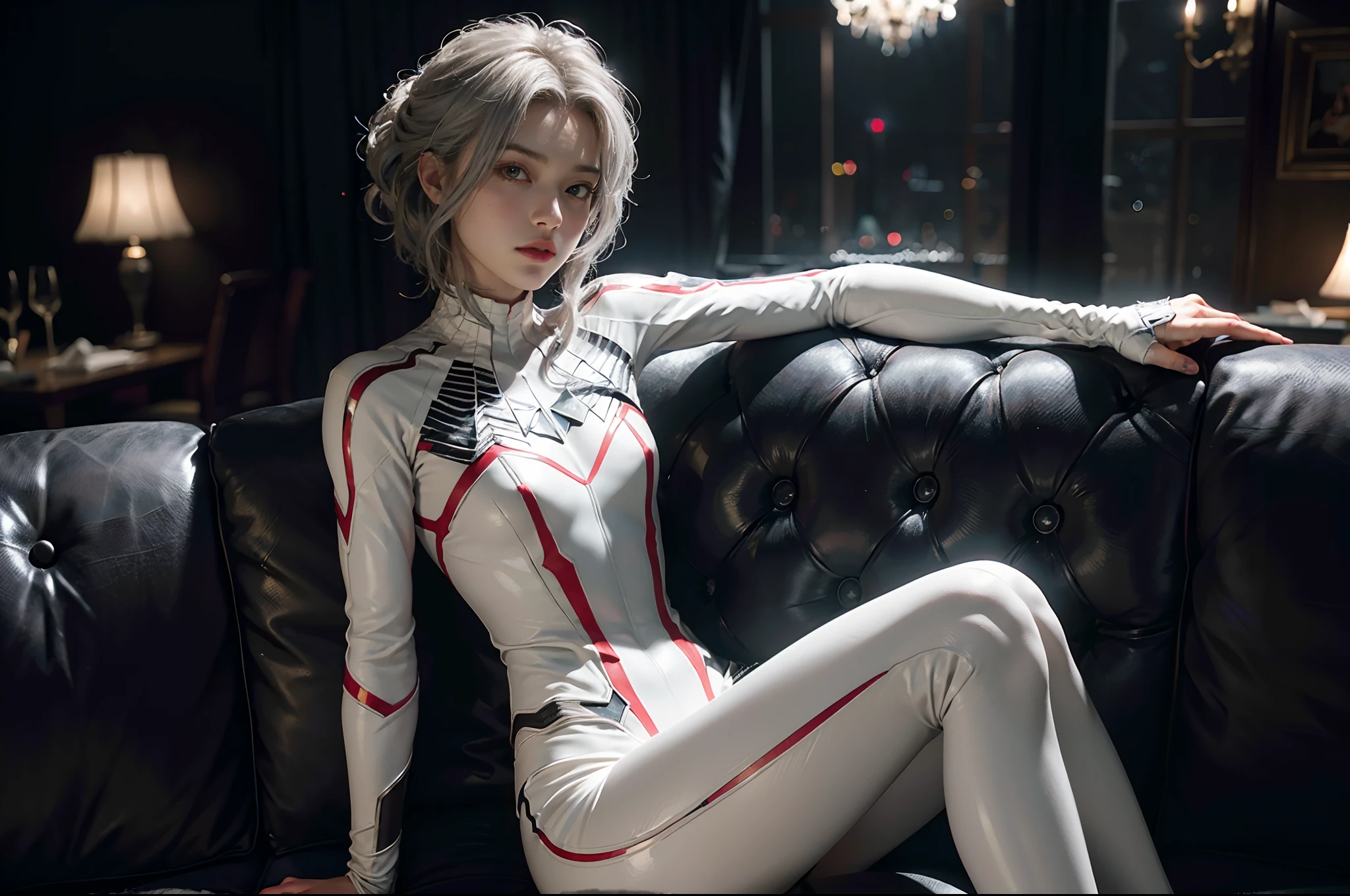 (Extreme Detail CG Unity 8K wallpaper, masterpiece, highest quality), (Exquisite lighting and shadow, highly dramatic picture, Cinematic lens effect), a girl in a white Spider-Man costume, silver gray hair color, from the Spider-Man parallel universe, Wenger, Marvel, Spider-Man, sitting on the couch, dynamic pose), (excellent detail, excellent lighting, wide angle), (excellent rendering, enough to stand out in its class), focus on white Spider-Man costumes, complex spider textures