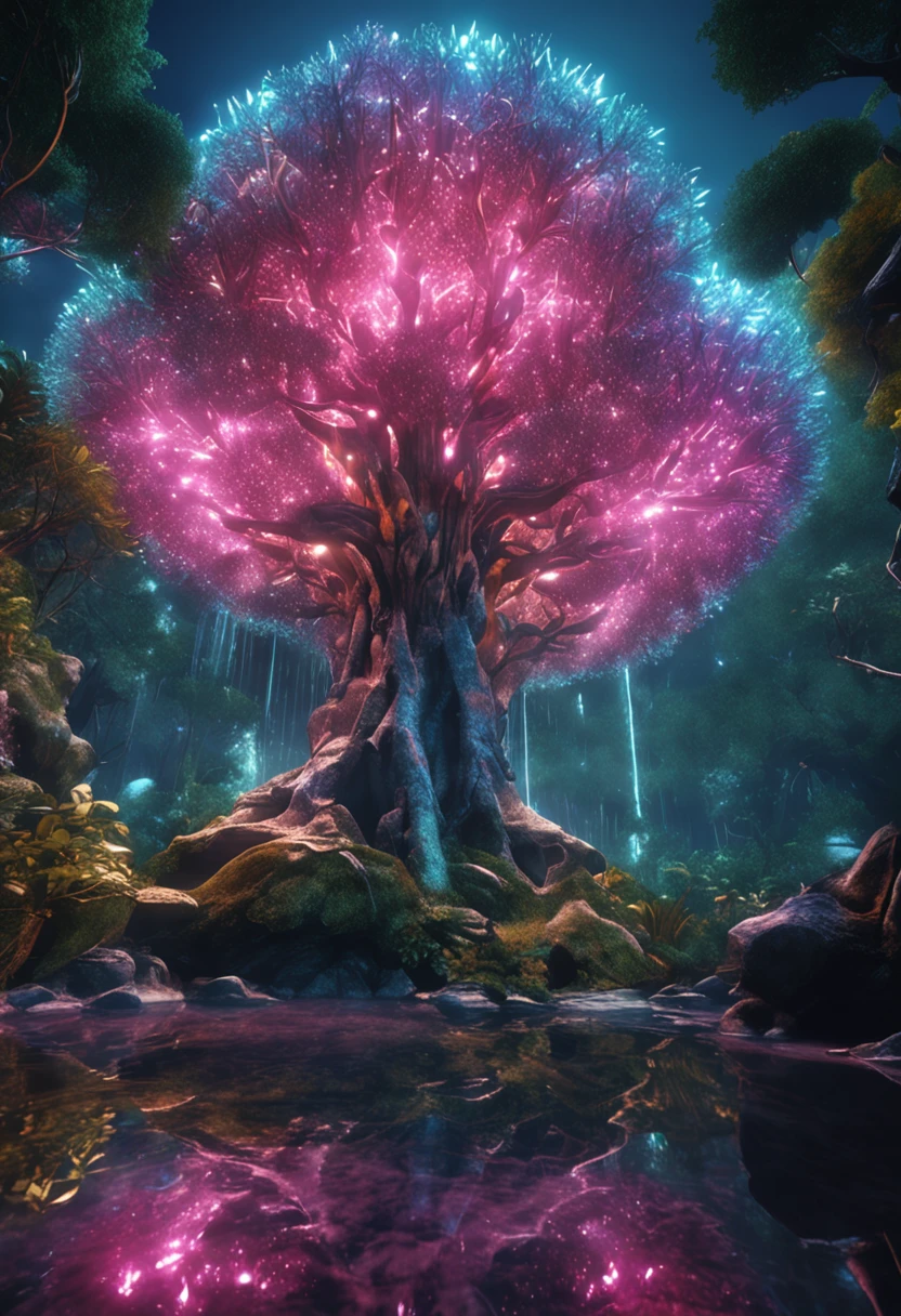 The entire body of a giant crystal tree、Very detailed and magical lighting、Detalhes da floresta complexa、Vegetation and rivers、solarpunk、Paisagens、massive trees、Beautiful lush with beautiful lighting and realistic proportions、It's like a movie background、8k、qualidade superior、obra prima、nuvem、Stars in the sky、brilho da noite、suns