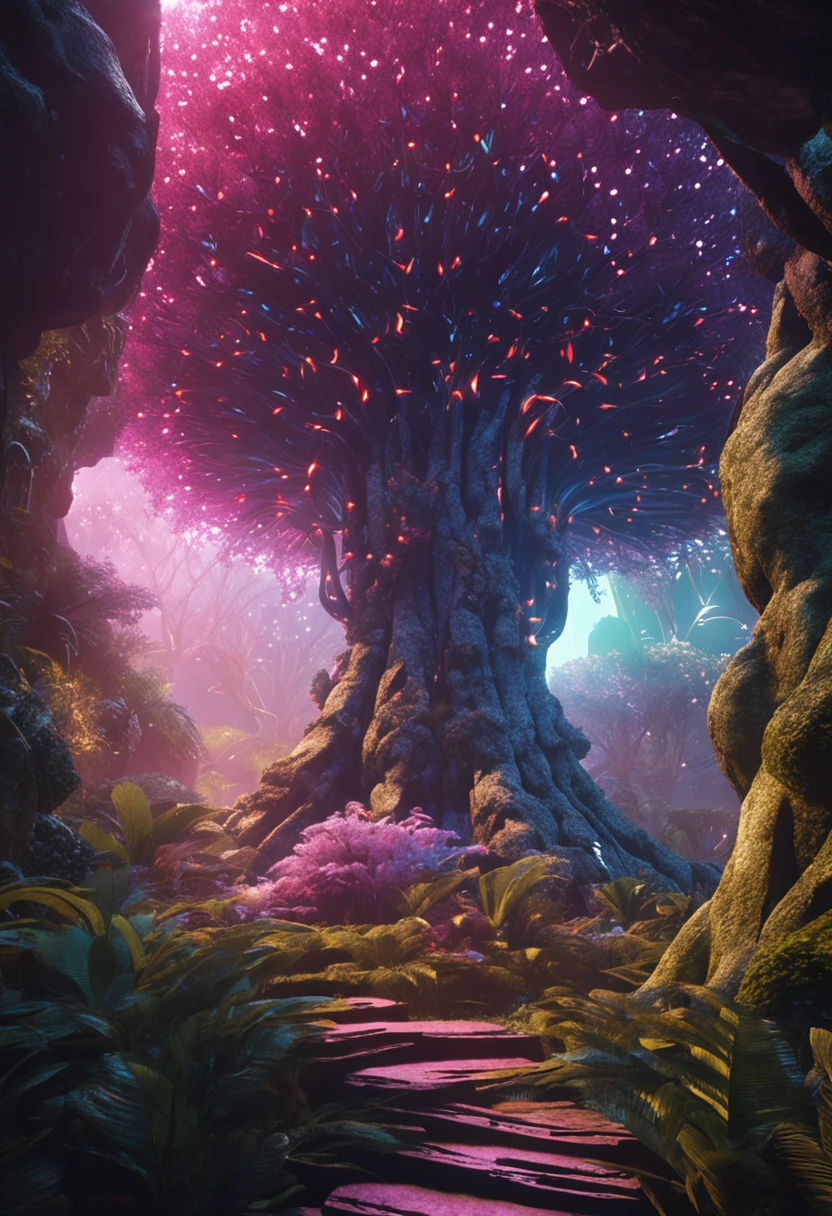 The entire body of a giant crystal tree、Very detailed and magical lighting、Detalhes da floresta complexa、Vegetation and rivers、solarpunk、Paisagens、massive trees、Beautiful lush with beautiful lighting and realistic proportions、It's like a movie background、8k、qualidade superior、obra prima、nuvem、Stars in the sky、brilho da noite、suns