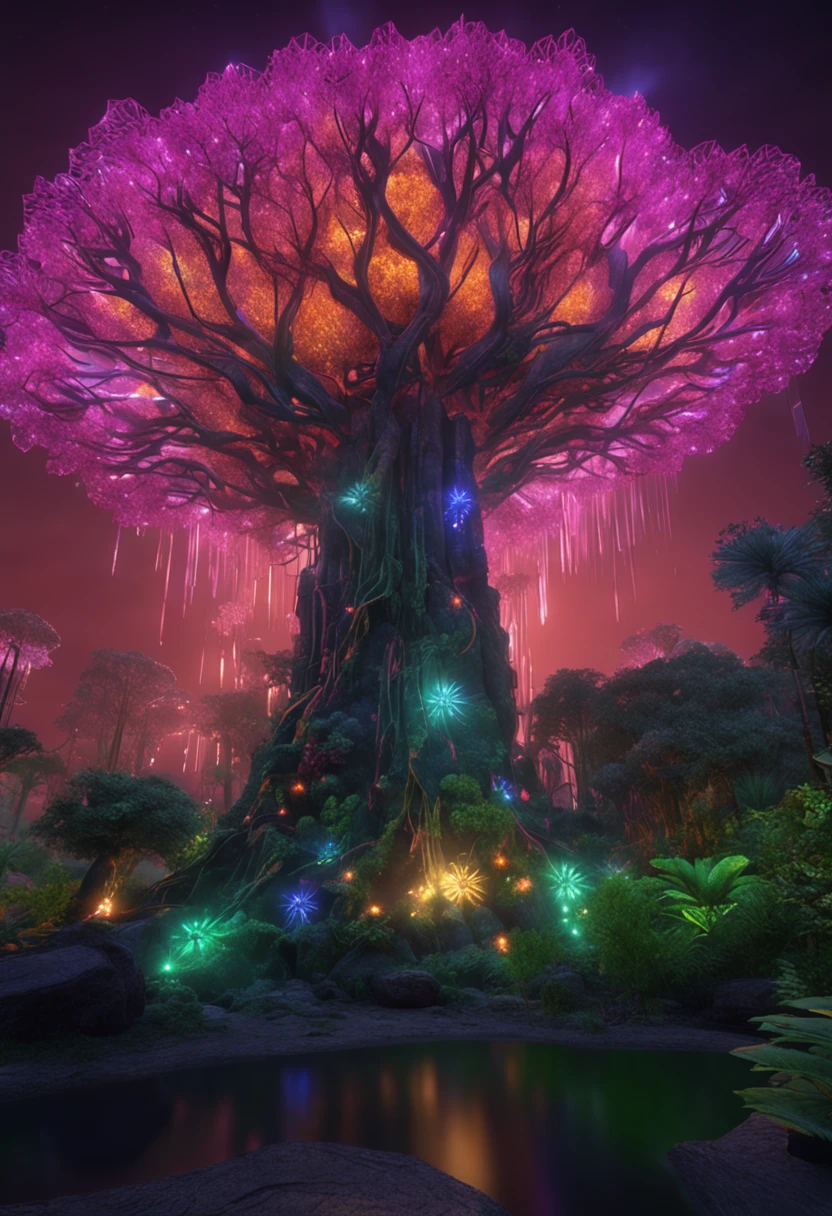 The entire body of a giant crystal tree、Very detailed and magical lighting、Detalhes da floresta complexa、Vegetation and rivers、solarpunk、Paisagens、massive trees、Beautiful lush with beautiful lighting and realistic proportions、It's like a movie background、8k、qualidade superior、obra prima、nuvem、Stars in the sky、brilho da noite、suns