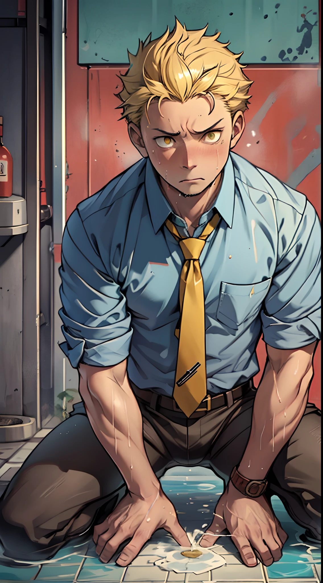 (1 Adult male),A high resolution, Sharp focus, Pixiv masterpiece, ((Complicated details)), highly detailed, natsuki_subaru, 1 man,black-skinned,Defeat, crestfallen,full bodyesbian,kneels on the ground, (A gesture of pleading),blue color eyes(eyes glowing), Short yellow hair,white shirt,Wear a tie,Wear a belt,perspire,look from down