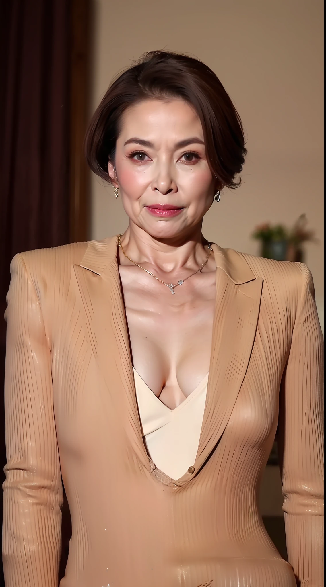 Masterpiece, An ultra-high picture quality, Elderly Beautiful Mature Woman, from the chest up, Perfect Anatomy, view front, Fancy makeup, A sexy,