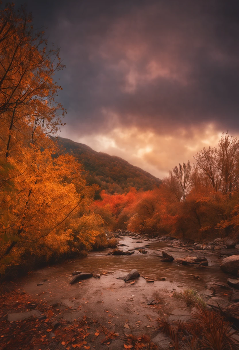 a beauti,Autumn forest,Autumn leaves fall,serenity and calm,Natural portrait,Medium focus lens,at dusk at golden hour,artsy photography,Oil painting effect,Natural light,Capture One late,Beautiful picture。