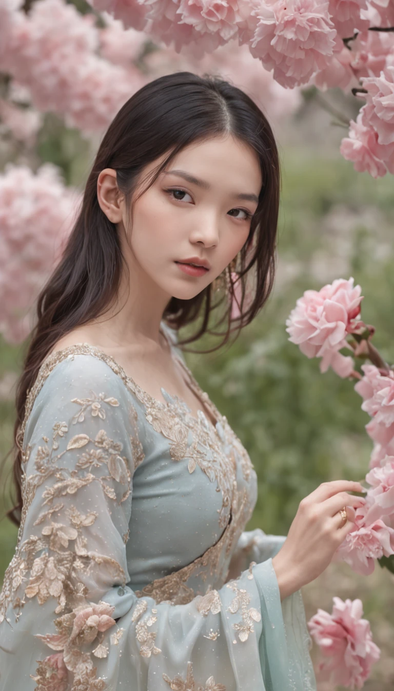 teens girl,Floral dress,Side view,outside,with blue sky and white clouds,photorealestic,extremely happy,Bouquet in hand,high-definition picture quality,summer flowers,morningglow,Works of masters,Master of photography,8k wallpaper,depth of fields,32K(tmasterpiece,k hd,hyper HD,32K)Long flowing black hair,ponds,zydink, a color, Xuzhou people (seductiv), (Transparent tulle), Mahjong gestures, looking at the ground, Maruko long hair, Floating hair, Carp pattern headdress, Chinese long-sleeved gold silk armor, (Abstract gouache splash:1.2), Pink petal background,Pink and white lotus flowers fly(realisticlying:1.4),Black color hair,Fallen leaves flutter,The background is pure, A high resolution, the detail, RAW photogr, Sharp Re, Nikon D850 Film Stock Photo by Jefferies Lee 4 Kodak Portra 400 Camera F1.6 shots, Rich colors, ultra-realistic vivid textures, Dramatic lighting, Unreal Engine Art Station Trend, cinestir 800,Long flowing black hair,Clear blue gauze clothes