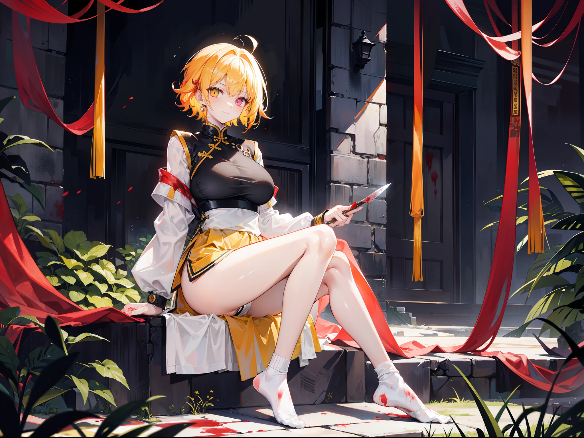 Beautiful girl with orange-yellow hair color，curlies，short detailed hair，High ponytail，Wearing an antique yellow and white long-sleeved training uniform，Hidden knives in clothes，open waist，Wear yellow-black shorts，long white socks，Black cloth shoes，assassins，Sunny smile，Tall and tall，Sitting in an ancient Chinese courtyard full of blood strewn with corpses at dusk，dark stormy clouds，China-style，huge tit，抖S，Full body photo，Extremely thin，extremely hyper，long white socks，assassins，The legs are very thin，Best quality at best，High- sharpness，tmasterpiece，Holding a blood-stained short knife，His body was covered in blood，Sick，Heterochromic pupils，morbid，Murderer，Extremely tall，Heterochromic pupils，being thin，Be covered in blood，Bodies are strewn across the field，blood vess，The demons，Dim dusk background，Be covered in blood，Rivers of blood flow，terroral