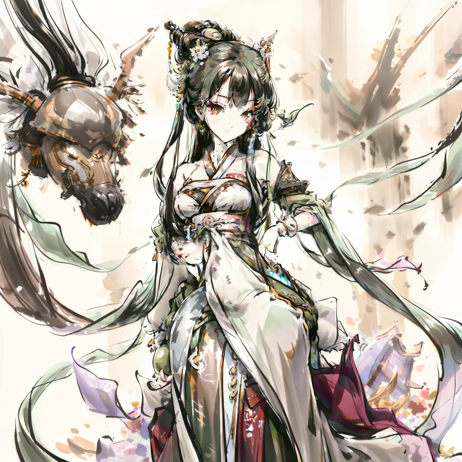 clear outfit design,,Anime character design, Detailed and clear whole body, anime concept art,, Anime character reference, full-body xianxia, Orchid hairpins,There is a black hair bag on the head,Hanfu styling,The upper body is wearing bamboo embroidered Han clothes, The outer layer is covered with translucent yarn,She wears a gray-green horse face dress underneath,A jade pendant is worn around his neck,The picture quality is the best,National style anime,Clear facial features,ssmile,Clear hand movements