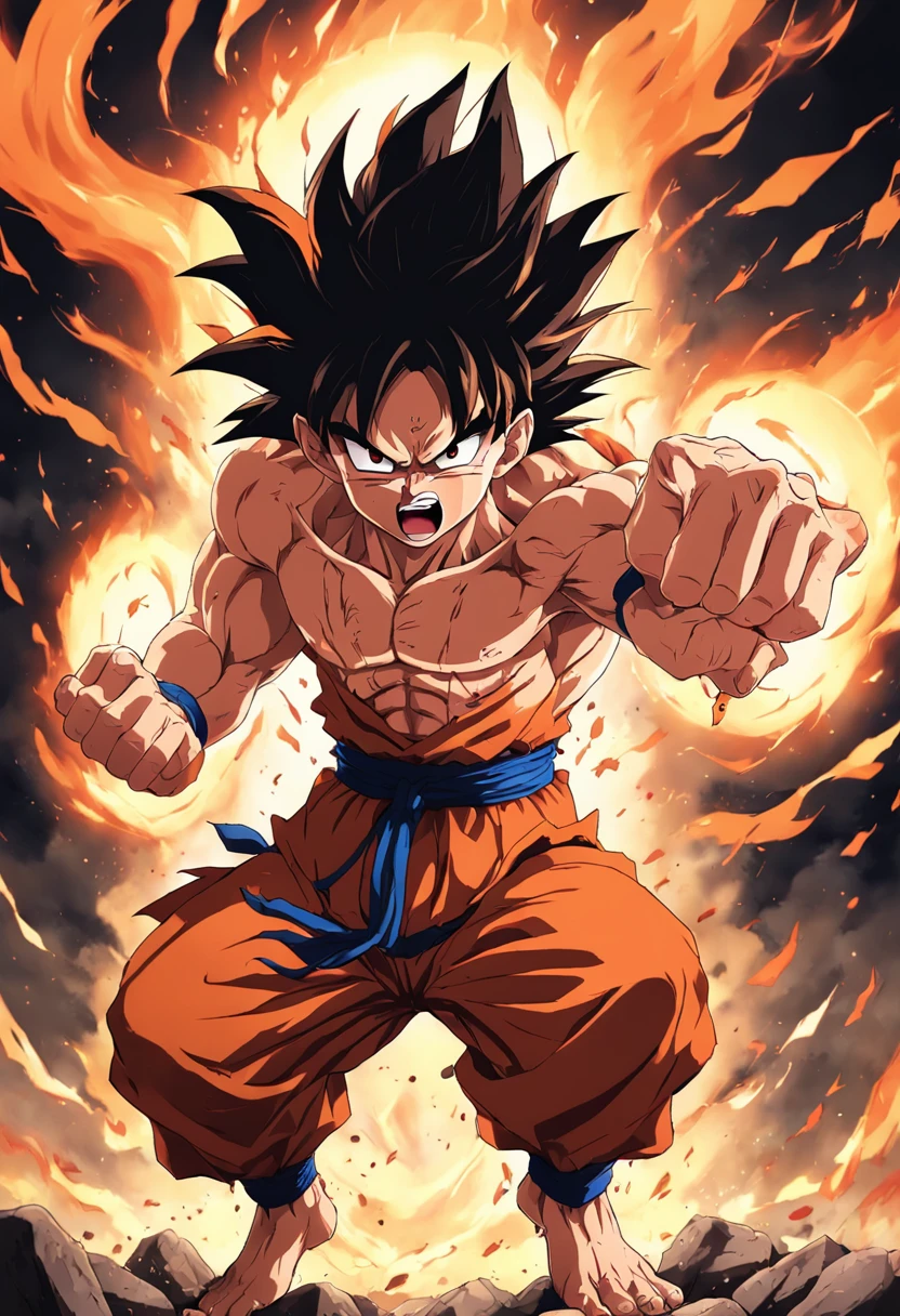 Design a gripping poster featuring Gouku from "Dragonball" in a fit of rage. Capture the essence of his burning determination and unyielding spirit as he unleashes his wrath upon his enemies. Keep it short, bold, and intense to convey the raw power of Luffy's anger.