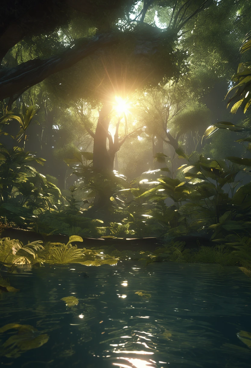 A masterpiece, the best quality, stunning reflections, the best reflections ever. (very detailed CG unity 8k wallpapers), (best quality), (best illustrations), (best shadows), forest theme with natural elements. Tall trees, quiet streams, small glowing mushrooms surrounded by delicate leaves and branches, with fireflies and glowing particle effects,, (natural elements), (jungle theme), (leaves), (twigs), (fireflies), butterflies, (delicate leaves), (glow), (particle effects). , Isometric 3D, Octane Rendering, Ray Traced, Super Detailed