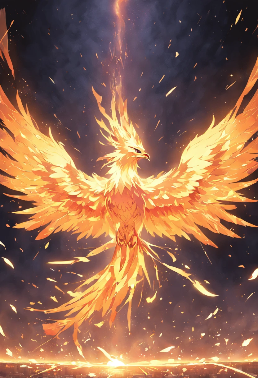 （Divine bird），（Fire Phoenix），（The fire outlined the phoenix's body)，The phoenix flaps its wings，(Shining with golden light)，solo,nigth,Multiple silhouettes，First-person elevation angle，super detailing，best qualtiy，masterpiece，（8K)，Extremely detailed，Epic artwork