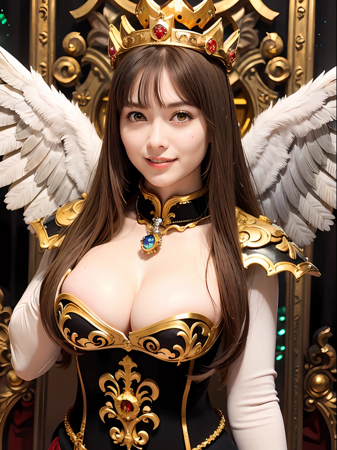 (masutepiece), Professional , masterpiece、top-quality、photos realistic , depth of fields (Gemstone Silver Metal Body:1.9),(Matte White、(Gangle's forest background),(Brown hair long straight)、Jewel Gold Weapon、(Castle background),Gorgeous metal weapons,(Detailed and realistic angel white wings) , Detailed Sword of the Brave , Beautiful knife 、delicated face、20 years girl ,warhammer 40k , adepta sororitas,Detail and ornate jewel crown、a blond、(Gangle's forest background)、Beautiful Caucasian beauty、1a person、dynamic ungle,(((Detailed and ornate diamond crown)))、Smaller head、A smile、Powerful poses、Beautiful thin fingers of a woman、 of the breast、