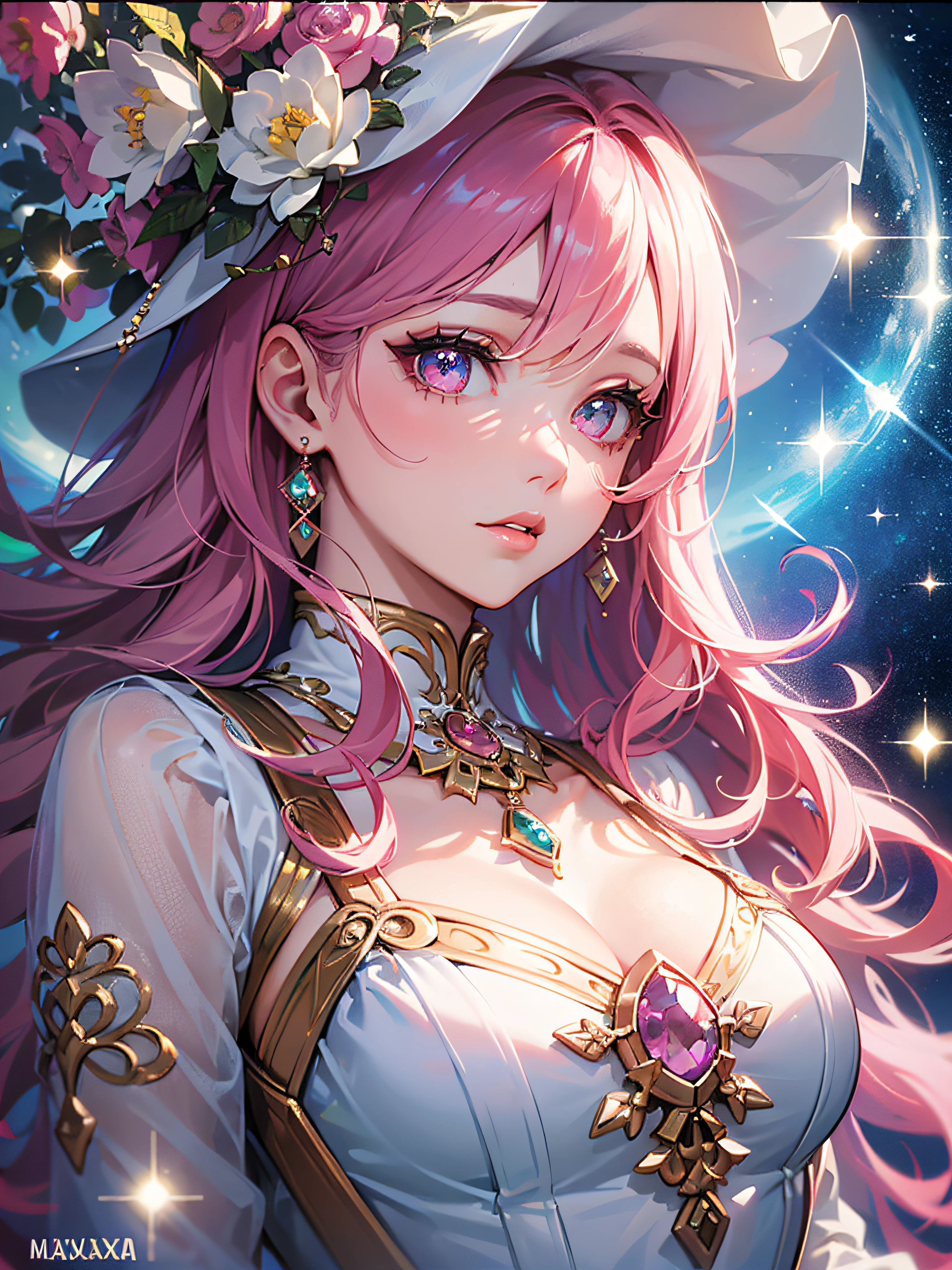 (Best Quality:1.3),4K,8K,8K Portrait,16K,(masterpiece:1.2),1girl in,Solo,(maximalism:1.5),Kunzite,ultra-detailliert,absurderes, ,(extremely detailed beautiful face and eyes:1.3),
(extremely detailed beautiful hair:1.3),delicate composition, (cowboy shot:1.2),
(Beautiful:1.3),Long hair,Pink eyes, Pink hair,(Wavy Hair:1.3),(is wearing extremely detailed dress:1.5),large full breasts,(Jewelry Hair Ornaments:1.3),pink rose,❤️,
(jewelry eyes:1.3),(Eyelashes:1.2),(symbol in eyes:1.3),(hight resolution, Twinkle,Glitter,Lens Flare,light Particle,Shining:1.3),