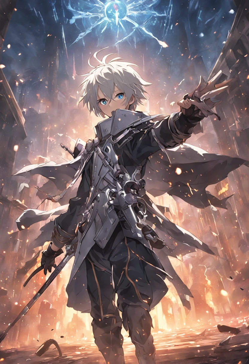 (Masterpiece) In the virtual world of Sword Art Online GBO, A vibrant and epic scene unfolds，A boy with ingenious white hair and a mysterious mask covering his face confidently walks through the dark dungeon. His costumes included intricately designed armor costumes，Highlights his strong presence. In his hands, He wields a slick sniper rifle, Be prepared for whatever challenge awaits you.