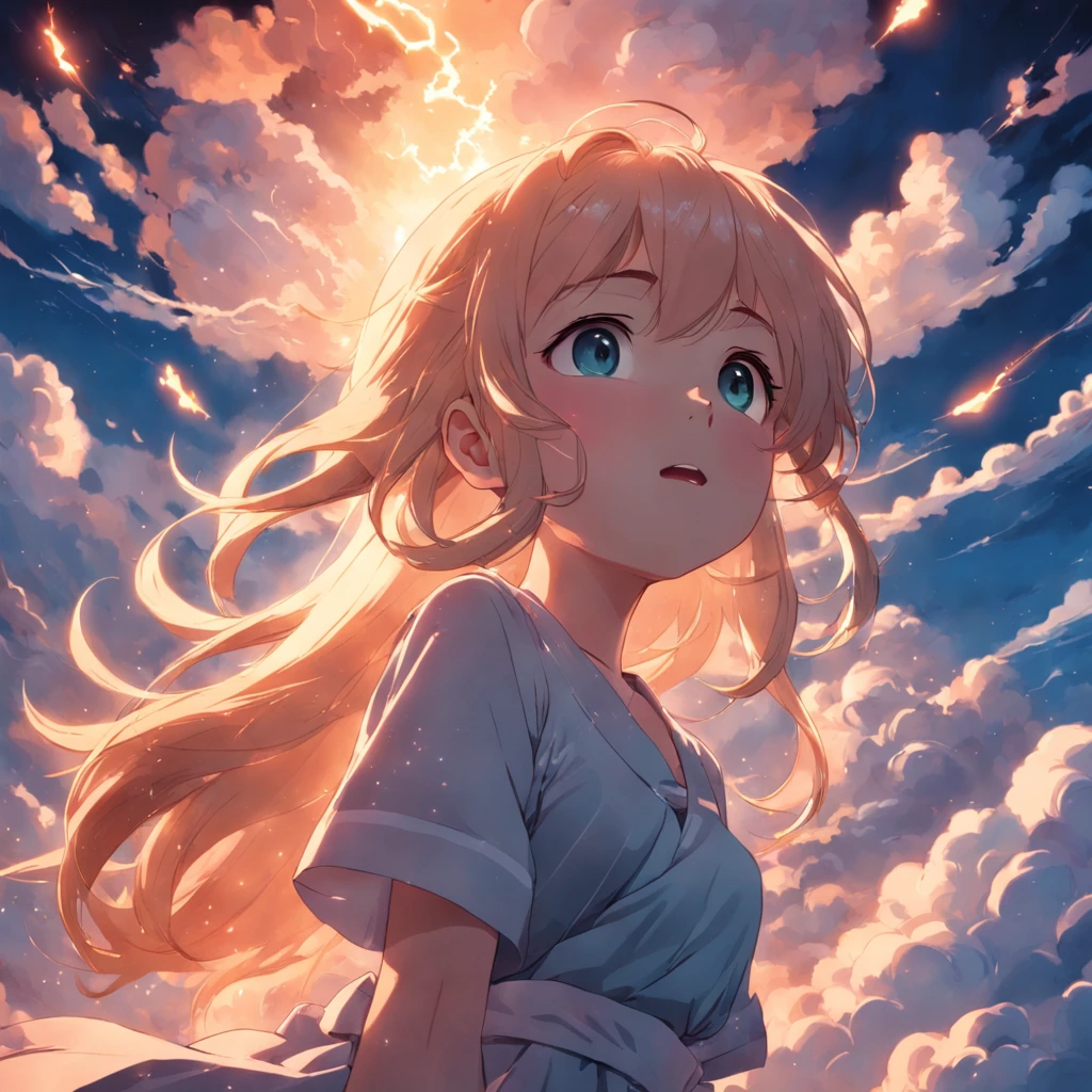masterpiece, best quality, movie still, 1girl, cloud girl, floating in the sky, close-up, bright, happy, warm soft lighting, sunset, (sparks:0.7)