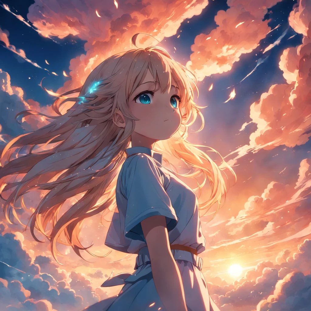 masterpiece, best quality, movie still, 1girl, cloud girl, floating in the sky, close-up, bright, happy, warm soft lighting, sunset, (sparks:0.7)