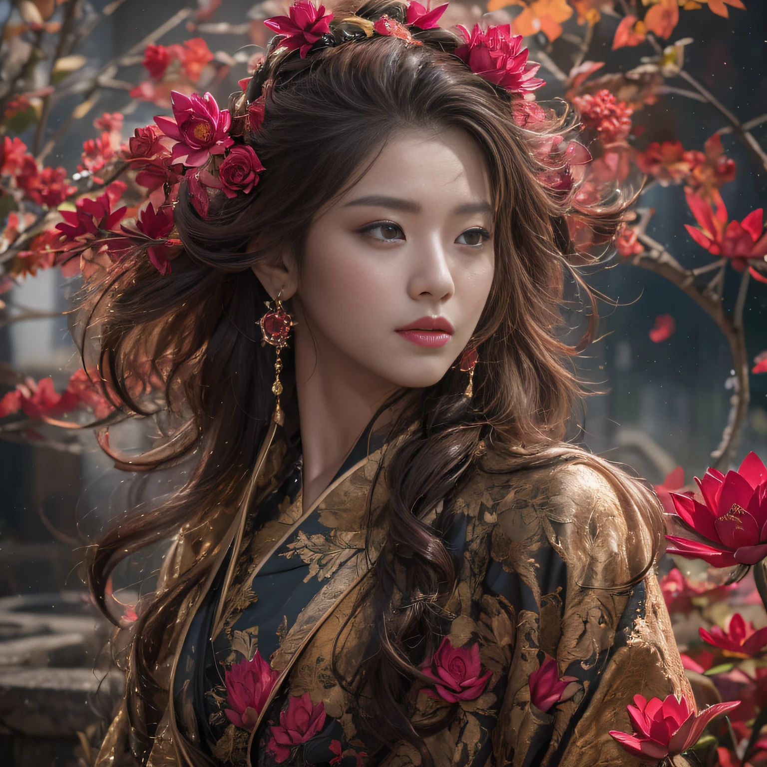 32K（tmasterpiece，k hd，hyper HD，32K）curlies，Flowing rouge，ponds，zydink， a color，  Asian people （Silly girl）， （Silk scarf）， Combat posture， looking at the ground，  Flowing rouge curls，Red onyx emerald emerald headdress， Chinese long-sleeved black gold garment， （abstract ink splash：1.2）， Pink lotus background，Water lily flower protector（realisticlying：1.4），Rouge hair，Autumn is in full swing，The background is pure， A high resolution， the detail， RAW photogr， Sharp Re， Nikon D850 Film Stock Photo by Jefferies Lee 4 Kodak Portra 400 Camera F1.6 shots, Rich colors, ultra-realistic vivid textures, Dramatic lighting, Unreal Engine Art Station Trend, cinestir 800，Large curls，Flowing rouge