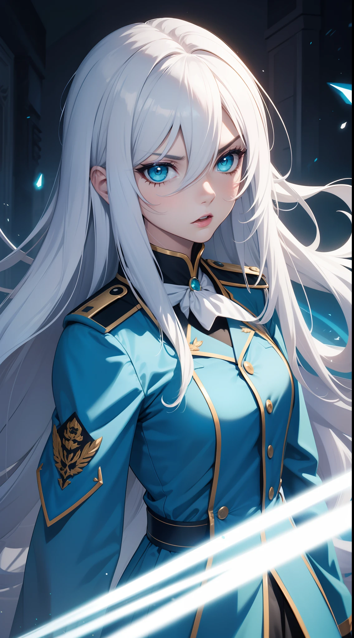 Adult woman, Long white hair, Cyan eyes, White general's uniform, spear, blue lipstick, anger, Masterpiece, hiquality
