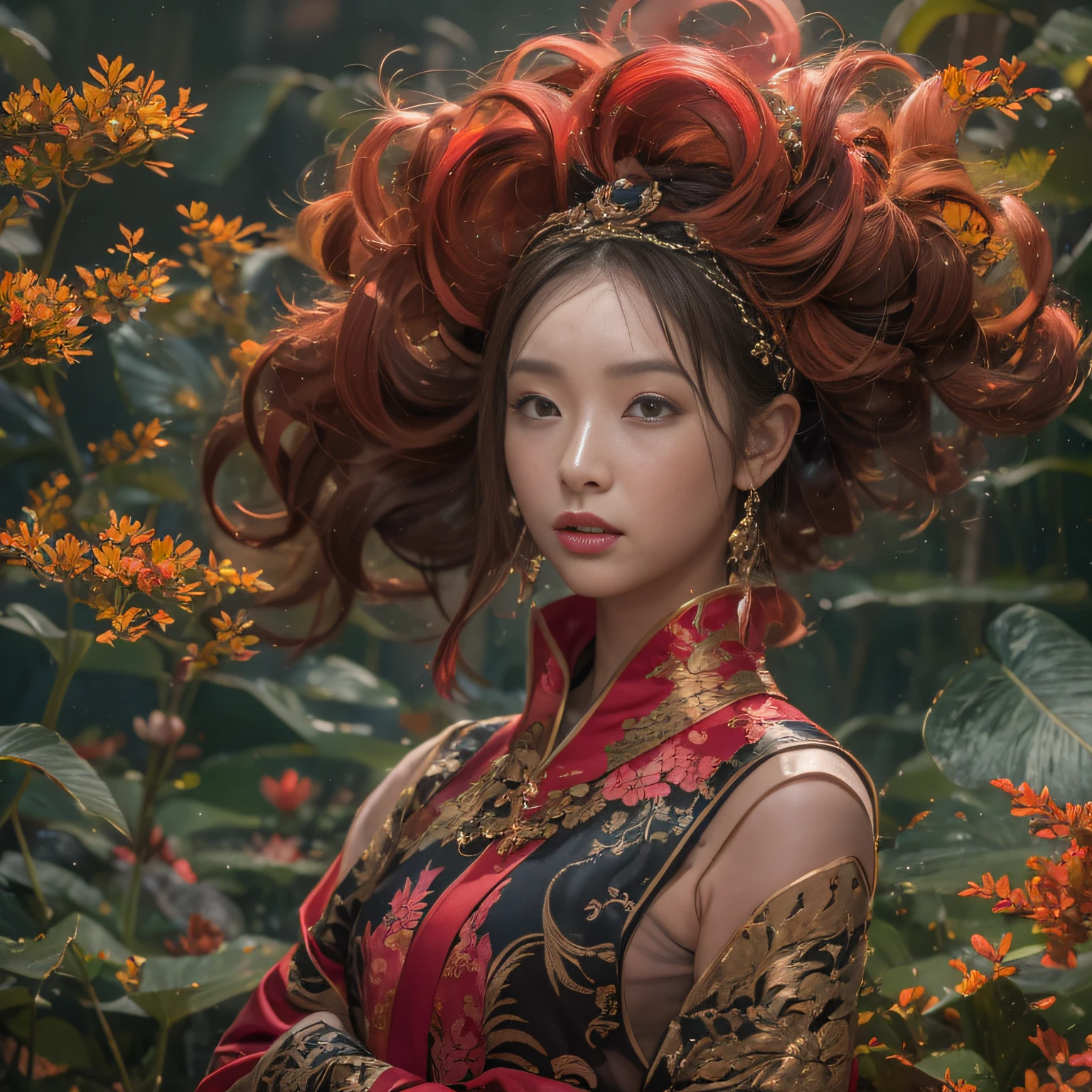 32K(tmasterpiece,k hd,hyper HD,32K)curlies,Flowing rouge,ponds,zydink, a color, Asian people (Silly girl), (Silk scarf), Combat posture, looking at the ground, Flowing rouge curls,Red onyx emerald emerald headdress, Chinese long-sleeved black gold garment, (abstract ink splash:1.2), Pink lotus background,Water lily flower protector(realisticlying:1.4),Rouge hair,Autumn is in full swing,The background is pure, A high resolution, the detail, RAW photogr, Sharp Re, Nikon D850 Film Stock Photo by Jefferies Lee 4 Kodak Portra 400 Camera F1.6 shots, Rich colors, ultra-realistic vivid textures, Dramatic lighting, Unreal Engine Art Station Trend, cinestir 800,Large curls,Flowing rouge
