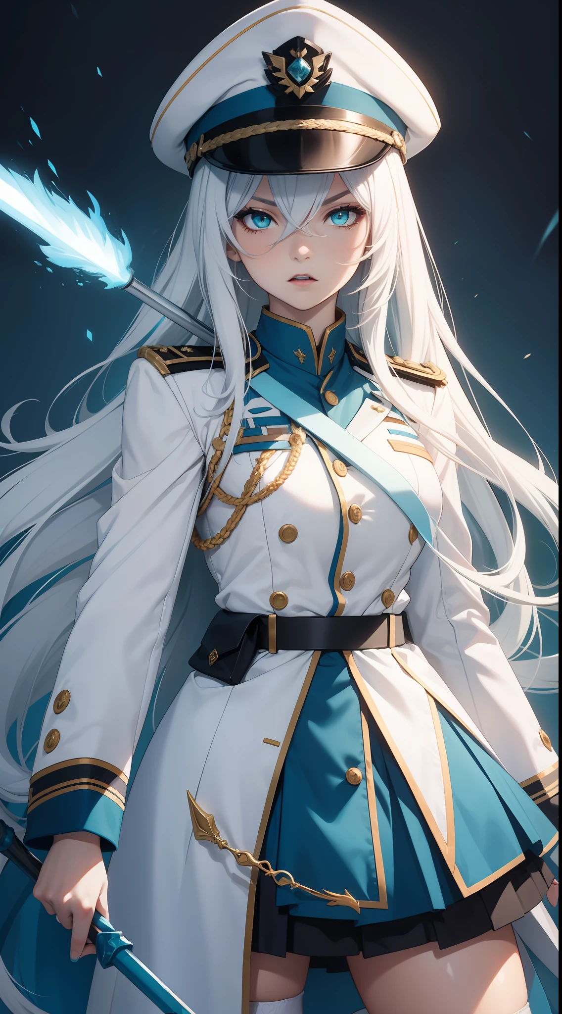 Adult woman, Long white hair, Cyan eyes, White general's uniform, spear, blue lipstick, anger, Masterpiece, hiquality