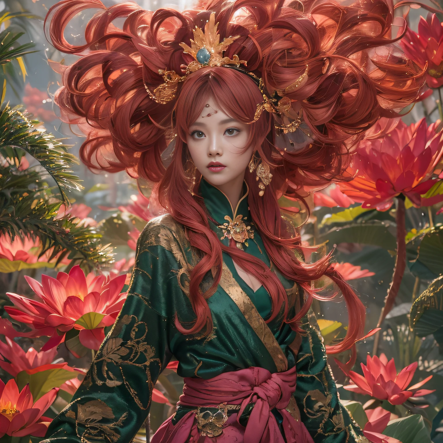 32K（tmasterpiece，k hd，hyper HD，32K）curlies，Flowing rouge，ponds，zydink， a color，  Asian people （Silly girl）， （Silk scarf）， Combat posture， looking at the ground，  Flowing rouge curls，Red onyx emerald emerald headdress， Chinese long-sleeved black gold garment， （abstract ink splash：1.2）， Pink lotus background，Water lily flower protector（realisticlying：1.4），Rouge hair，Autumn is in full swing，The background is pure， A high resolution， the detail， RAW photogr， Sharp Re， Nikon D850 Film Stock Photo by Jefferies Lee 4 Kodak Portra 400 Camera F1.6 shots, Rich colors, ultra-realistic vivid textures, Dramatic lighting, Unreal Engine Art Station Trend, cinestir 800，Large curls，Flowing rouge
