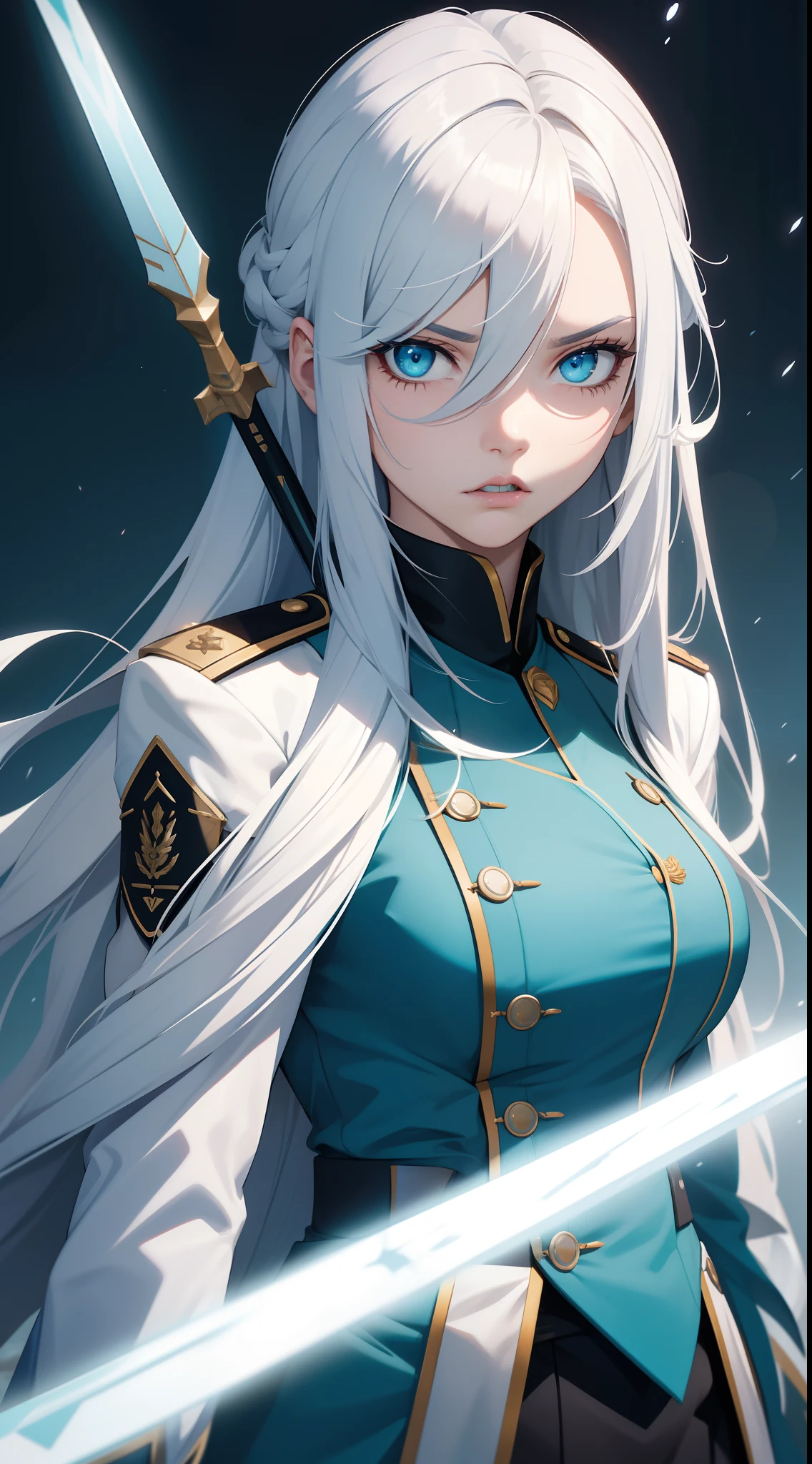 Adult woman, Long white hair, Cyan eyes, White general's uniform, spear, blue lipstick, anger, Masterpiece, hiquality