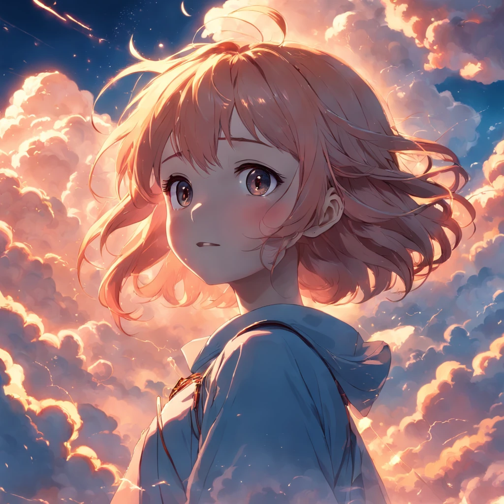 masterpiece, best quality, movie still, 1girl, cloud girl, floating in the sky, close-up, bright, happy, warm soft lighting, sunset, (sparks:0.7)