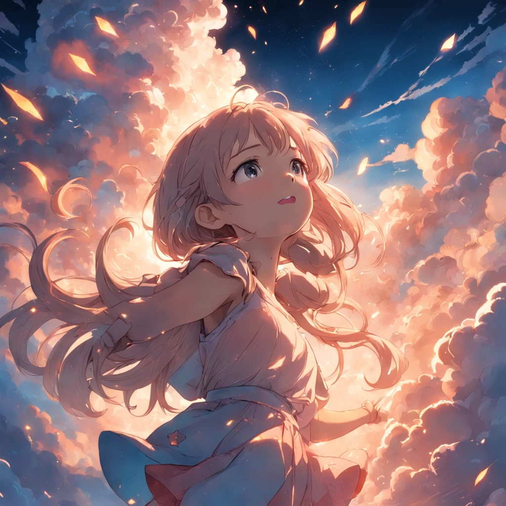 masterpiece, best quality, movie still, 1girl, cloud girl, floating in the sky, close-up, bright, happy, warm soft lighting, sunset, (sparks:0.7)