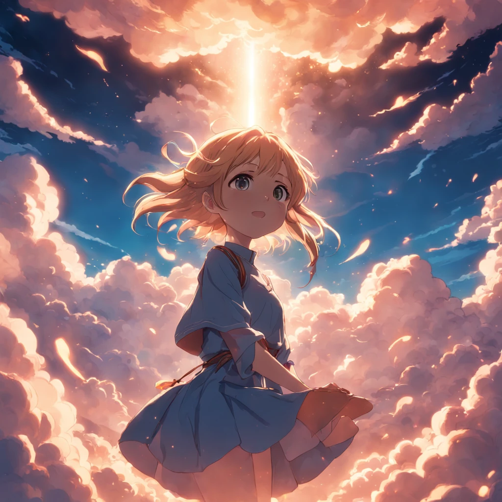 masterpiece, best quality, movie still, 1girl, cloud girl, floating in the sky, close-up, bright, happy, warm soft lighting, sunset, (sparks:0.7)