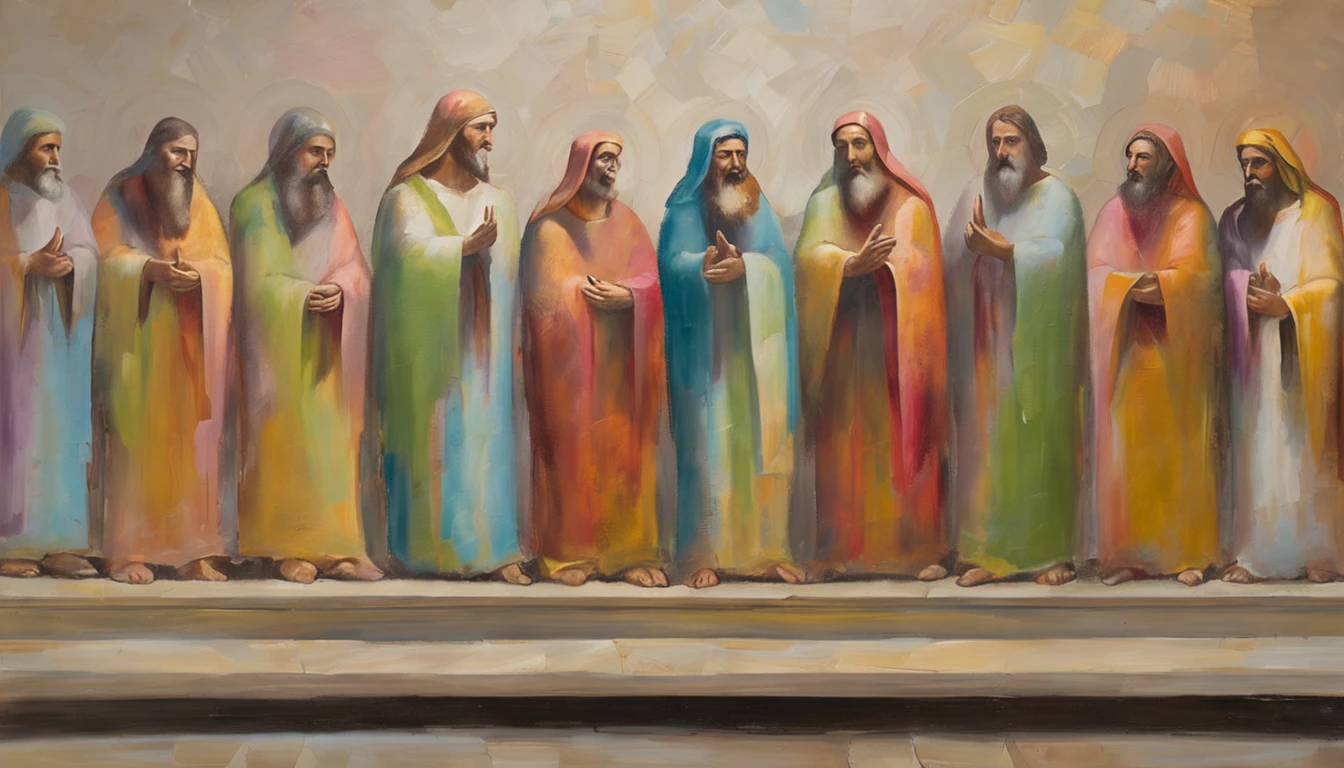 portrait of jesus and the twelve joyful apostles at the holy supper, sharp facial features, cinematic, 35mm lens, f/1.8, accent lighting, global illumination –uplight –v 5.2