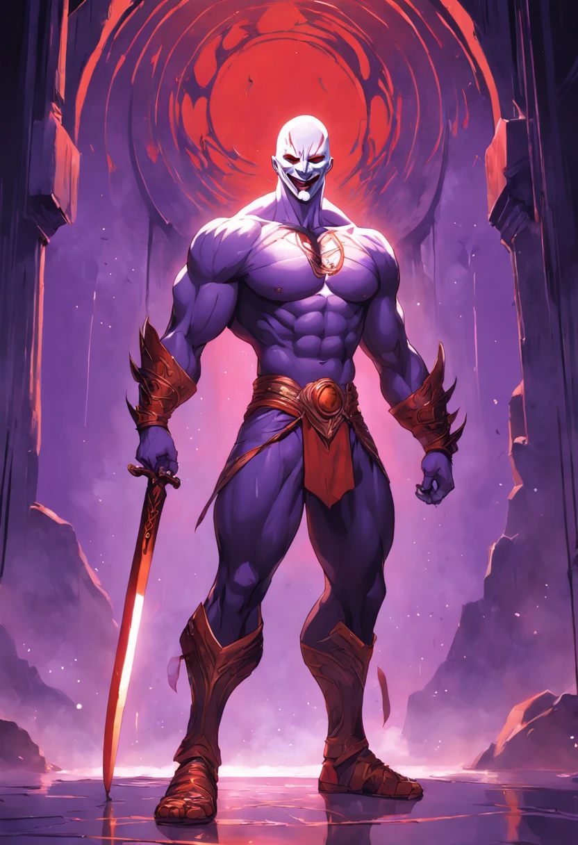 A tall, muscular man is standing in front of a purple portal. He's shirtless, and his body is covered in scars. He wears a white leather mask with a bald smile, and his pants and shoes are baggy. He holds a sword in his right hand. The man is standing in silence, seus olhos fixos no portal. The portal is glowing with a purple light, e um som de assobio pode ser ouvido vindo de dentro. The mask of man is a theatrical mask of smile, with bright red lips and white teeth. The mask is strange and scary, But there's also something funny about her. O homem parece estar rindo, even if there's nothing to laugh at. Ele parece estar desafiando o portal, or maybe what's on the other side. The man is standing there for a long time, apenas olhando para o portal. Finalmente, He steps forward and enters the portal. The purple light closes behind him, e ele desaparece