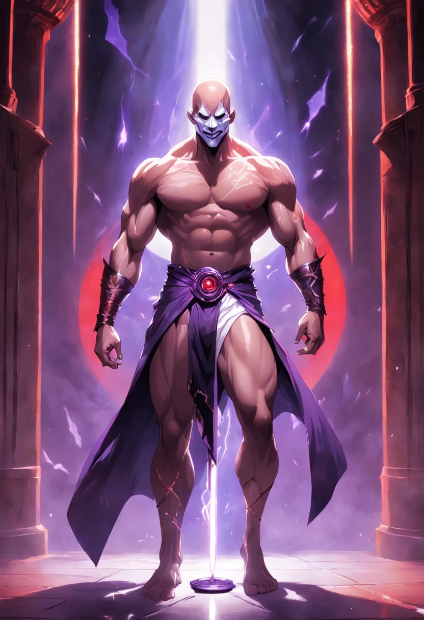 A tall, muscular man is standing in front of a purple portal. He's shirtless, and his body is covered in scars. He wears a white leather mask with a bald smile, and his pants and shoes are baggy. He holds a sword in his right hand. The man is standing in silence, seus olhos fixos no portal. The portal is glowing with a purple light, e um som de assobio pode ser ouvido vindo de dentro."