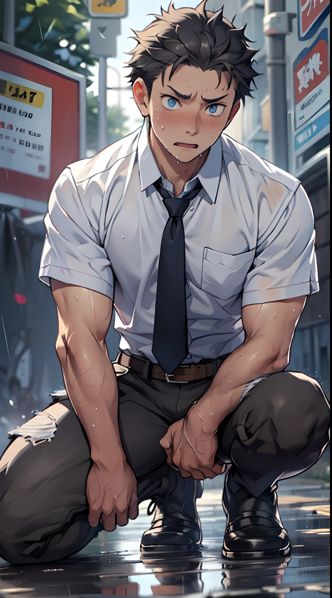 (1 Adult male),A high resolution, Sharp focus, Pixiv masterpiece, ((Complicated details)), highly detailed, natsuki_subaru, 1 man,Defeat, crestfallen,full bodyesbian,kneels on the ground, Sweaty crotch,Pee on the legs,pissing,Urine runs down the thigh of the pants,embarressed,exhilarated,is shocked,panicking,worry,A small puddle of their own urine forms around the feet,Urine runs down the crotch,Drenched,rain,The shirt is soaked,(A gesture of pleading),blue color eyes(eyes glowing), Short gray hair,white shirt,Wear a tie,Wear a belt,perspire