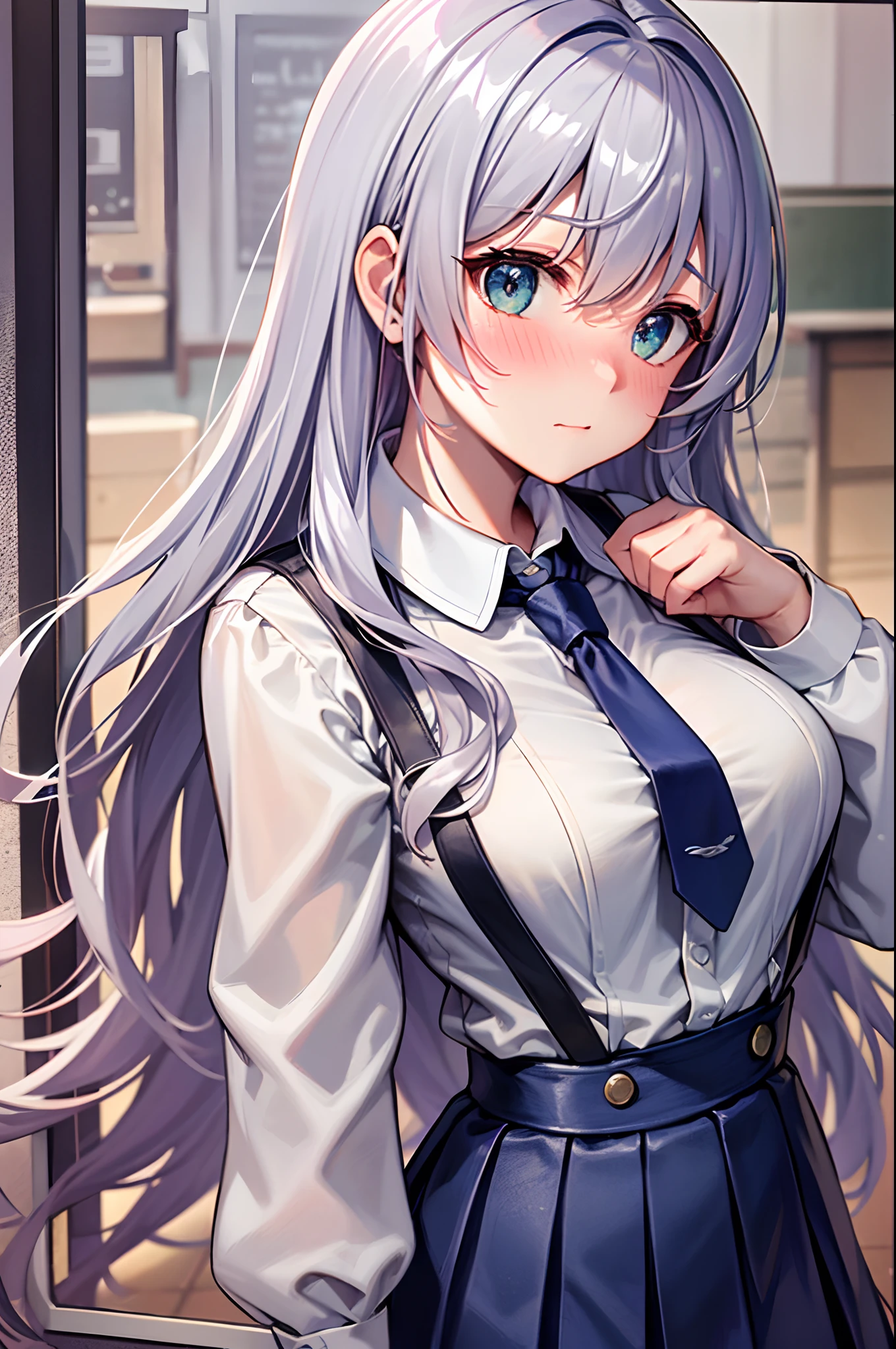 Best Quality, ultra-detailliert, Illustration, silber hair, Aimei,,embarrassed from，red blush，scratching your head，The long-haired，cute  face，beutiful breast，turned around，Suspender Skirt，long-sleeve，Dark blue skirt，neck tie，Close，Angle to show off breasts，look up to，‎Classroom