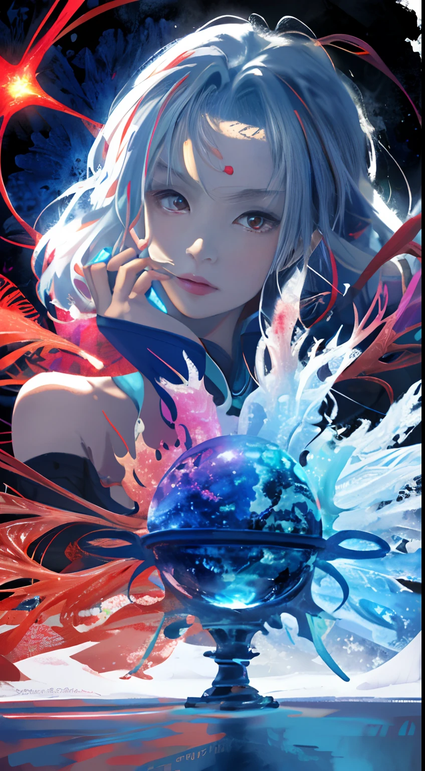 realisticlying、Masterpiece quality、best qualtiy、offcial art、Beauty and aesthetics：1.2、Very detailed fractal art、Colorful abstract background、Kizi、Kamimei、The color hair、long whitr hair、luminous red eyes、Mysterious magic、Girl of Ice and Fire，Red and blue color scheme，cinematric light