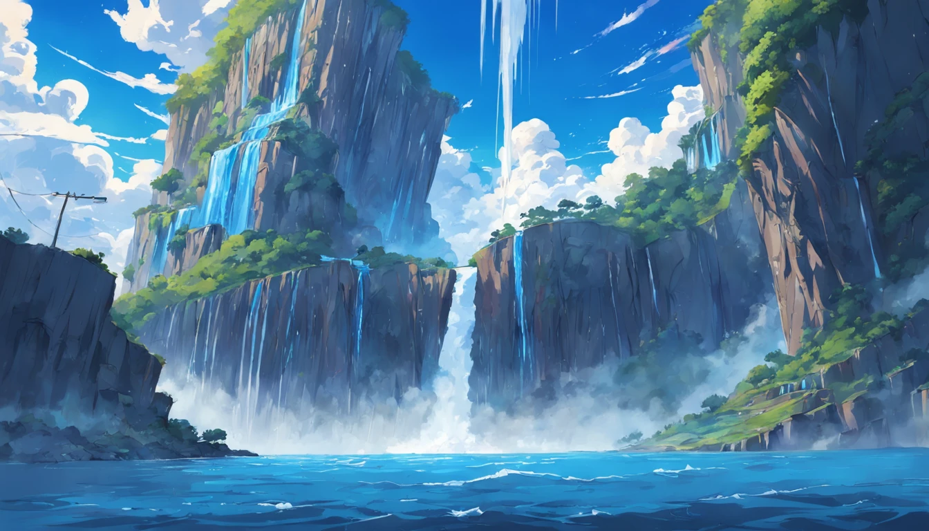 ConceptArt, no humans, scenery, water, sky, day, tree, cloud, waterfall, outdoors, building, nature, river, blue sky