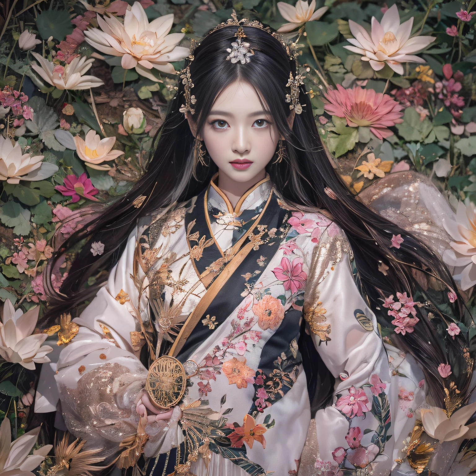 32K(tmasterpiece,k hd,hyper HD,32K)Long flowing black hair,ponds,zydink, a color, Asian people (Silly girl), (Silk scarf), Combat posture, looking at the ground, long whitr hair, Floating hair, Carp pattern headdress, Chinese long-sleeved clothing, (abstract ink splash:1.2), Pink petal background,Pink and white lotus flowers fly(realisticlying:1.4),Black color hair,Fallen leaves flutter,The background is pure, A high resolution, the detail, RAW photogr, Sharp Re, Nikon D850 Film Stock Photo by Jefferies Lee 4 Kodak Portra 400 Camera F1.6 shots, Rich colors, ultra-realistic vivid textures, Dramatic lighting, Unreal Engine Art Station Trend, cinestir 800,Long flowing black hair