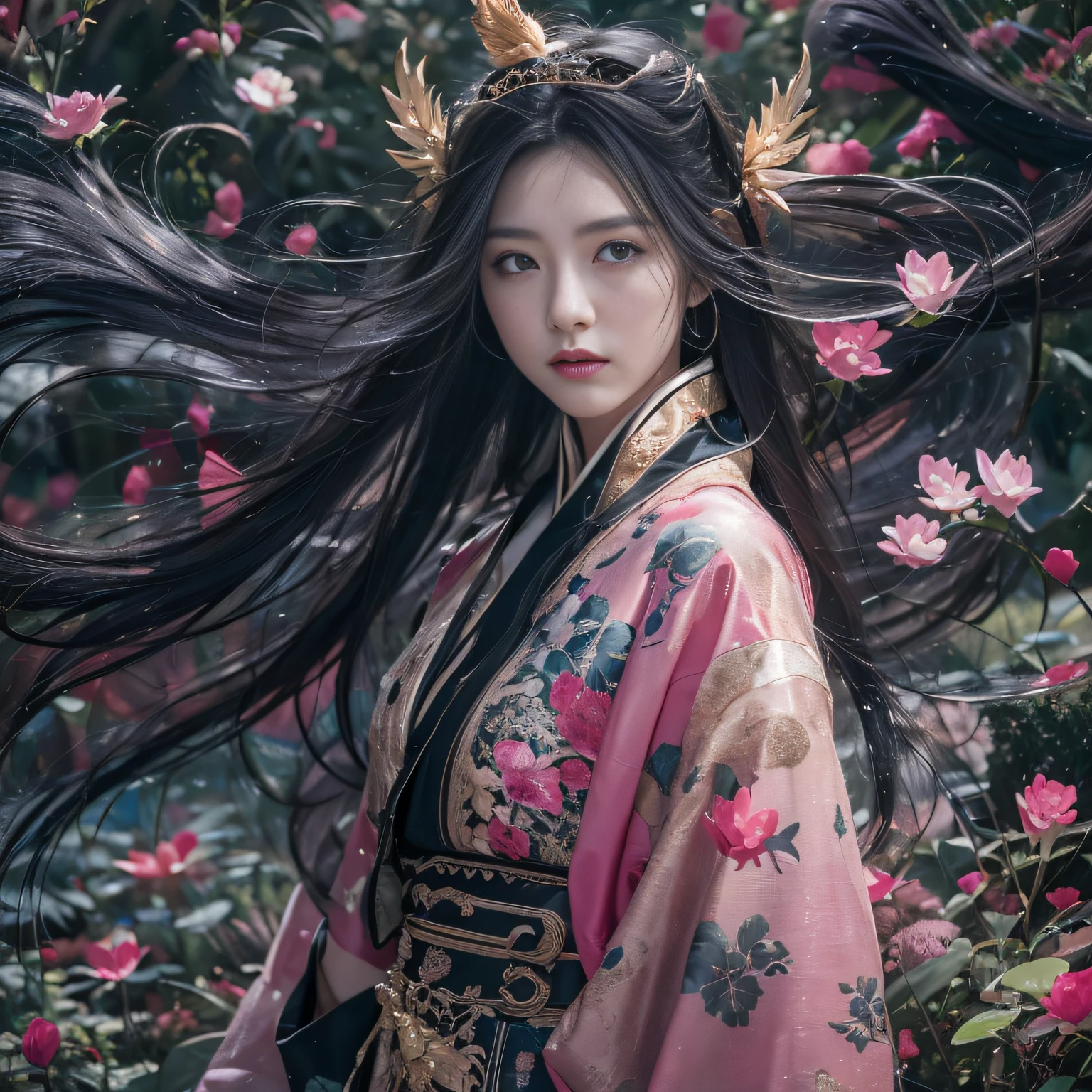 32K（tmasterpiece，k hd，hyper HD，32K）Long flowing black hair，ponds，zydink， a color，  Asian people （Silly girl）， （Silk scarf）， Combat posture， looking at the ground， long whitr hair， Floating hair， Carp pattern headdress， Chinese long-sleeved clothing， （abstract ink splash：1.2）， Pink petal background，Pink and white lotus flowers fly（realisticlying：1.4），Black color hair，Fallen leaves flutter，The background is pure， A high resolution， the detail， RAW photogr， Sharp Re， Nikon D850 Film Stock Photo by Jefferies Lee 4 Kodak Portra 400 Camera F1.6 shots, Rich colors, ultra-realistic vivid textures, Dramatic lighting, Unreal Engine Art Station Trend, cinestir 800，Long flowing black hair