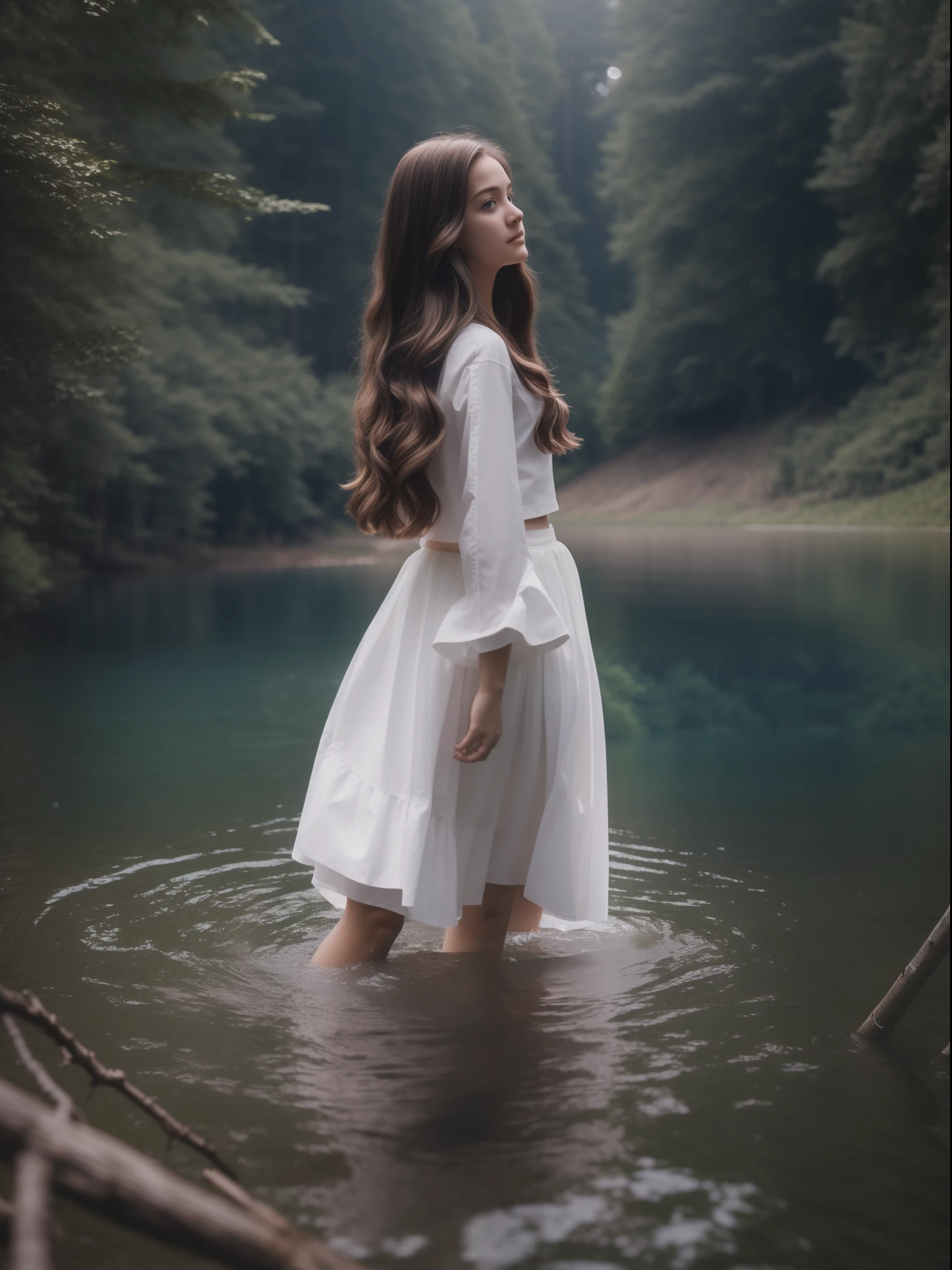 1girll, Stand in the middle of the lake，White skirt，Long hair，fully body photo，（20 years old），Static posture，Clean environment，In the forest