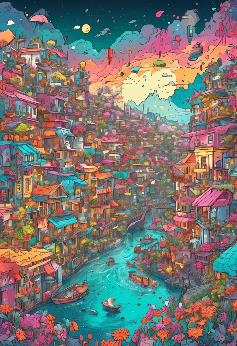 Illustration of colorful cyberpunk flower city with river flowing,Nostalgic and avant-garde、 Sakura blizzard、lots of flower、Vivid rainbow, Little dove and little gull flying, colorful city, Brightly colored buildings,Shimmering gold and silver roof,Cottage Town, A dazzling magical village of sparkling gold and silver, Colorful scene, colorful architectural drawing, Illustrative!!, Coloring in lots of colors,