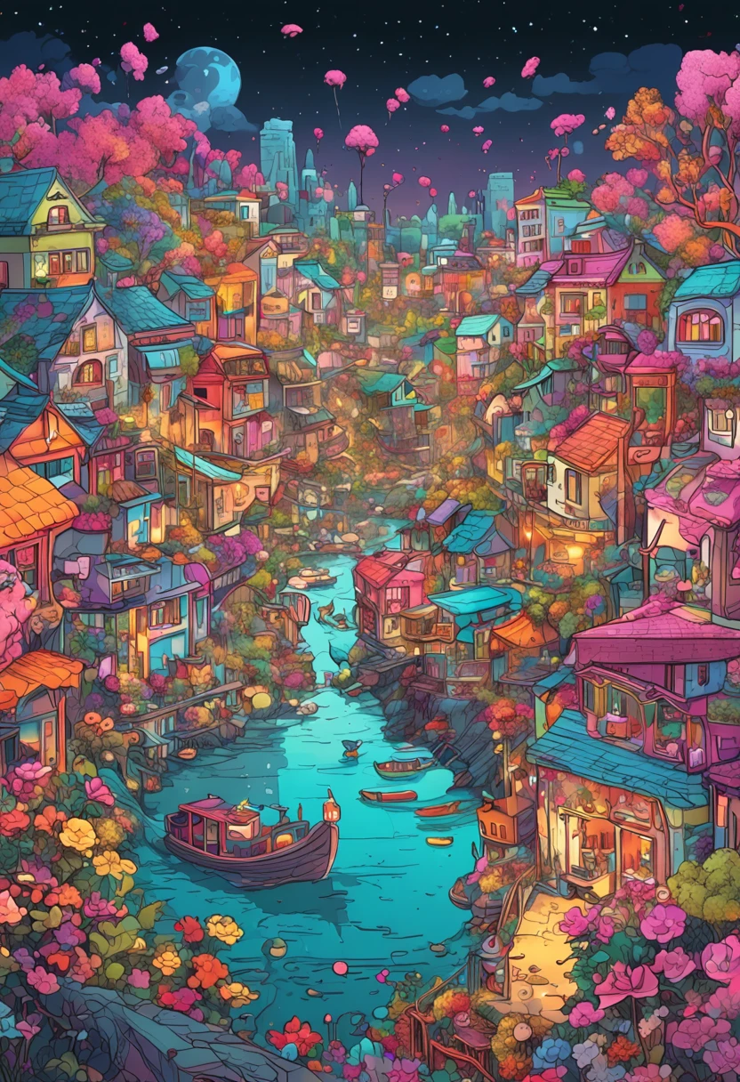 Illustration of colorful cyberpunk flower city with river flowing,Nostalgic and avant-garde、 Sakura blizzard、lots of flower、Vivid rainbow, Little dove and little gull flying, colorful city, Brightly colored buildings,Shimmering gold and silver roof,Cottage Town, A dazzling magical village of sparkling gold and silver, Colorful scene, colorful architectural drawing, Illustrative!!, Coloring in lots of colors,