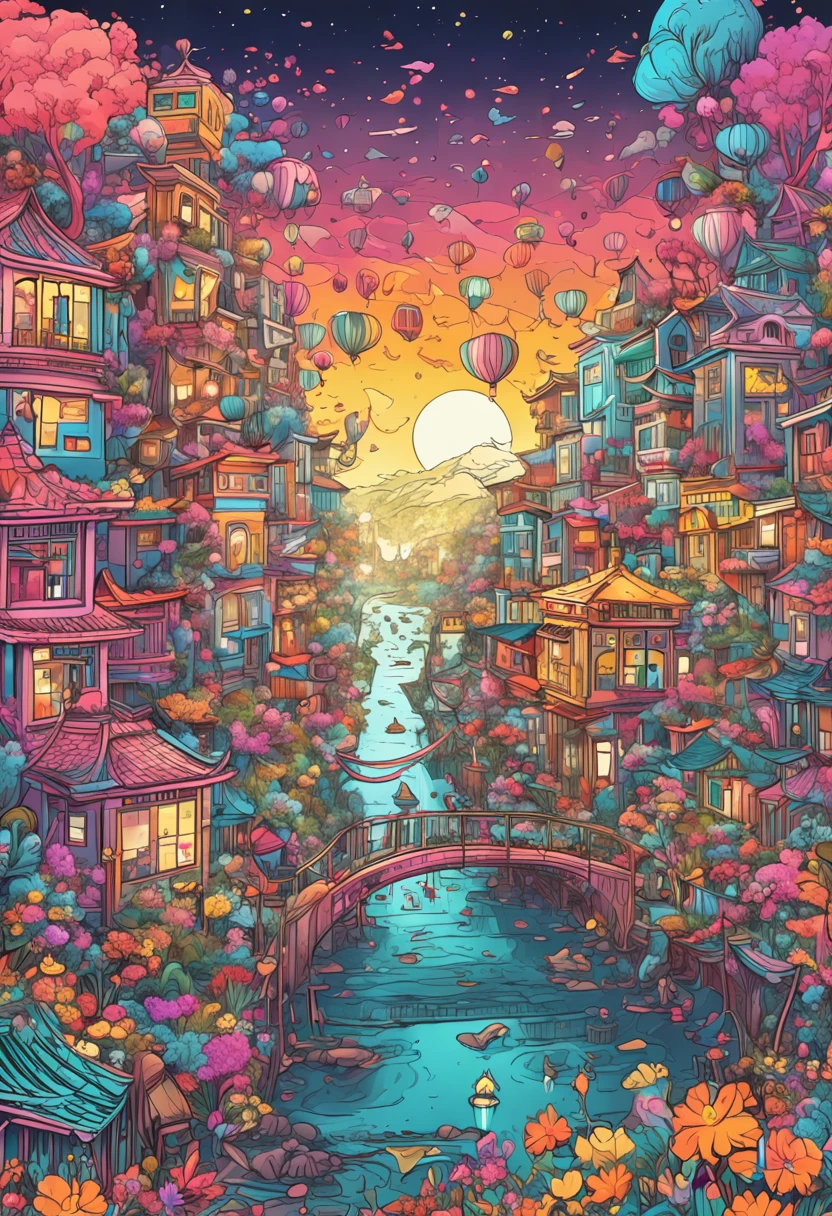 Illustration of colorful cyberpunk flower city with river flowing,Nostalgic and avant-garde、 Sakura blizzard、lots of flower、Vivid rainbow, Little dove and little gull flying, colorful city, Brightly colored buildings,Shimmering gold and silver roof,Cottage Town, A dazzling magical village of sparkling gold and silver, Colorful scene, colorful architectural drawing, Illustrative!!, Coloring in lots of colors,