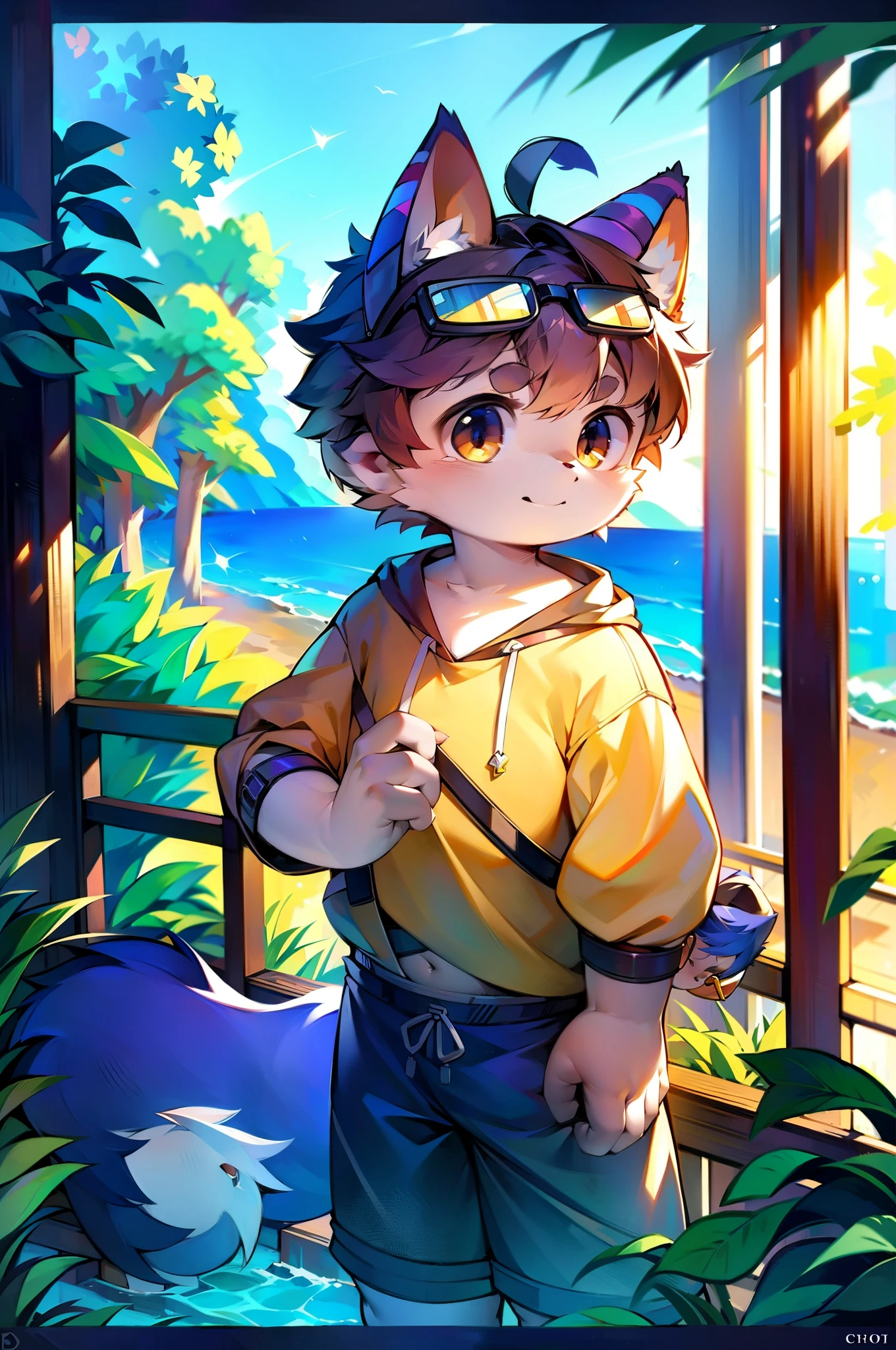 Sweatshirt, shorter pants, streaked hair, colored inner hair, ahoge, short hair, shiny hair, expressive hair, sunglasses, goggles on head, headphones, half-closed eyes, gradient eyes, cat ears, smile, high detail, anime, anime style, Cubism, chiaroscuro, cinematic lighting, ray tracing, bloom, pov, from behind, UHD, retina, ccurate, masterpiece, anatomically correct, textured skin, super detail, high details, high quality, award winning, best quality, highres, 4K