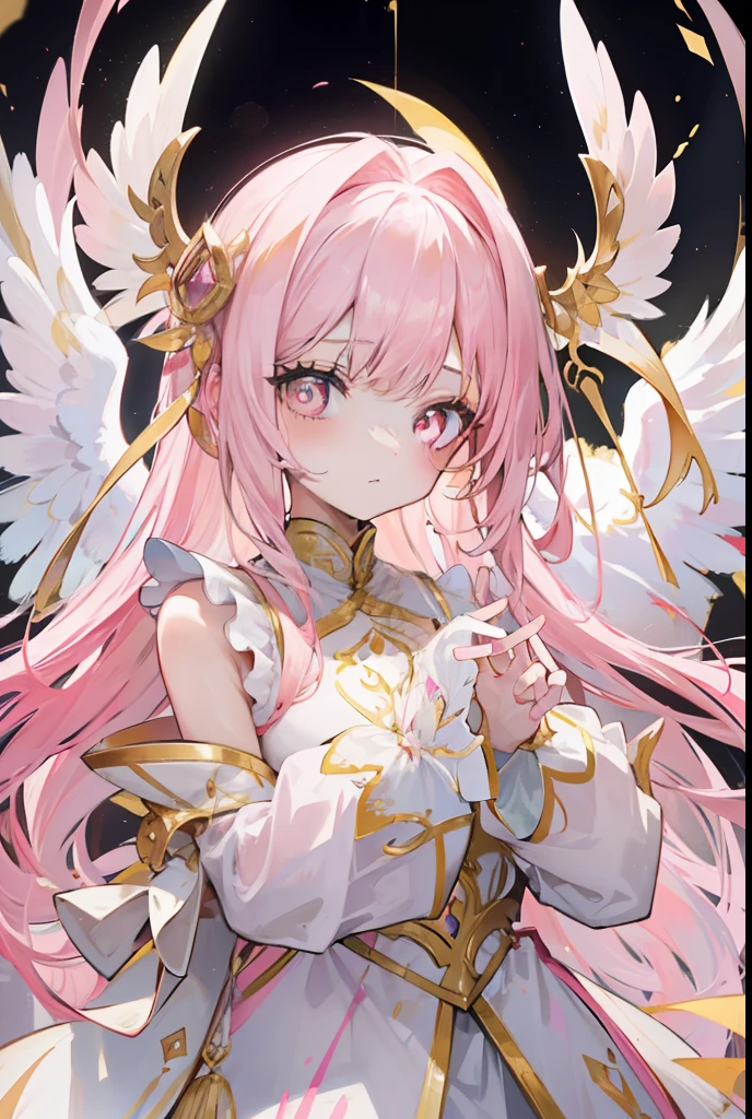 Long pink and white hair,Pink-white wings,Deep yellow pupils,Decorated in brilliant gold,Soft clothes in white and yellow,She is a cute and sweet beautiful girl