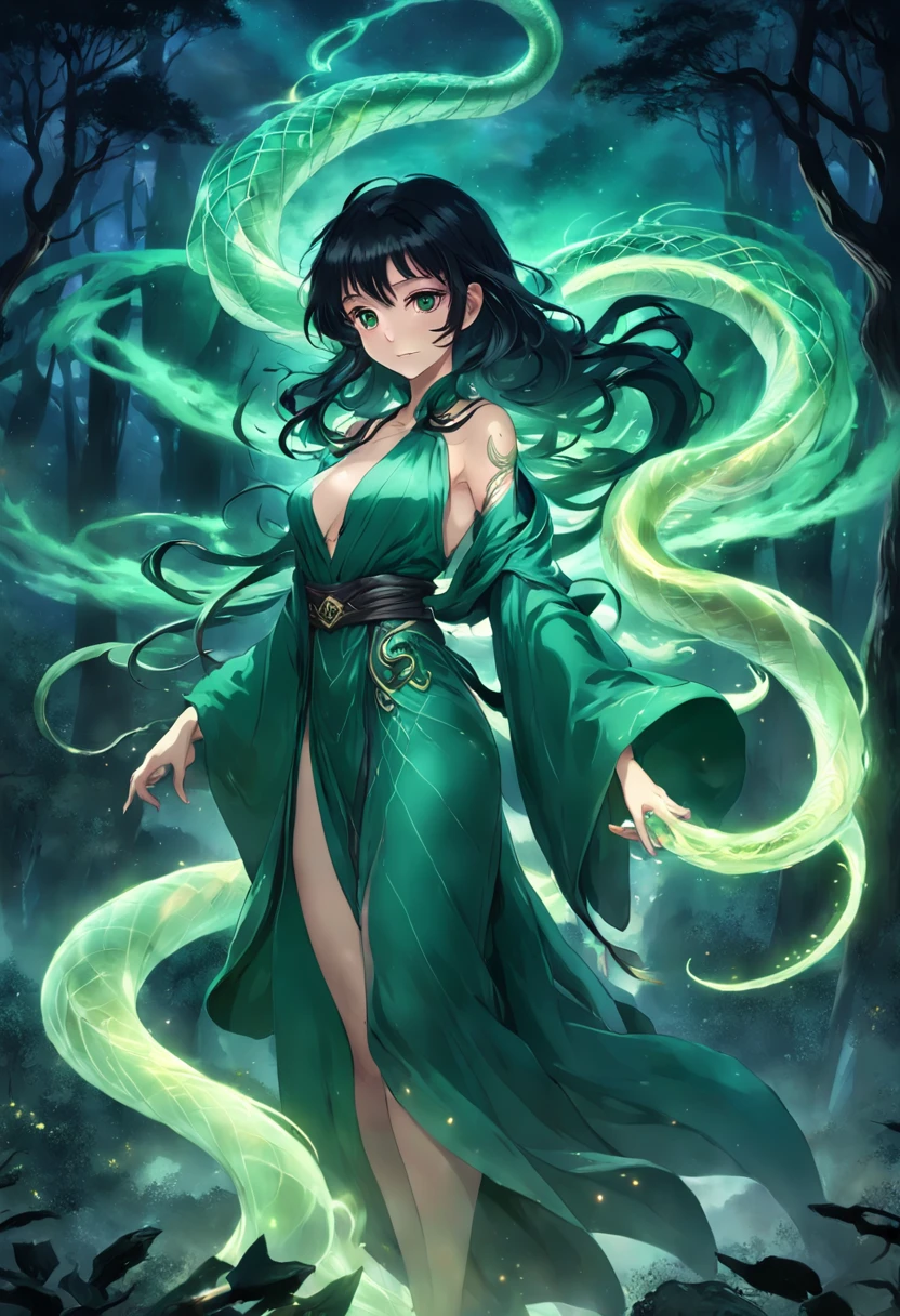 1 woman, Snake body, captivatinggaze, Silky black hair, scales, Glowing tattoos, Green eyes, Seductive smile, Flowing robes, magical staff, casting spell, mystical aura, Serpentine movement, Forest background, Moonlit Night, Swirling mist, Ethereal beauty, fantastical creature, surreal atmosphere, Enchantment, mesmerizing charm, Fabulous power, Ability to cast spells.
