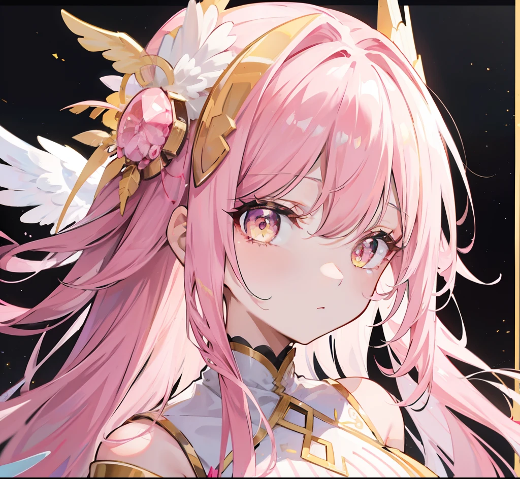 Long pink and white hair，Pink-white wings，Deep yellow pupils，Decorated in brilliant gold，Soft clothes with white and yellow，She is a cute and sweet beautiful girl
