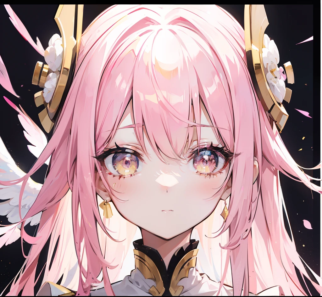 Long pink and white hair,Pink-white wings,Deep yellow pupils,Decorated in brilliant gold,Soft clothes with white and yellow,She is a cute and sweet beautiful girl