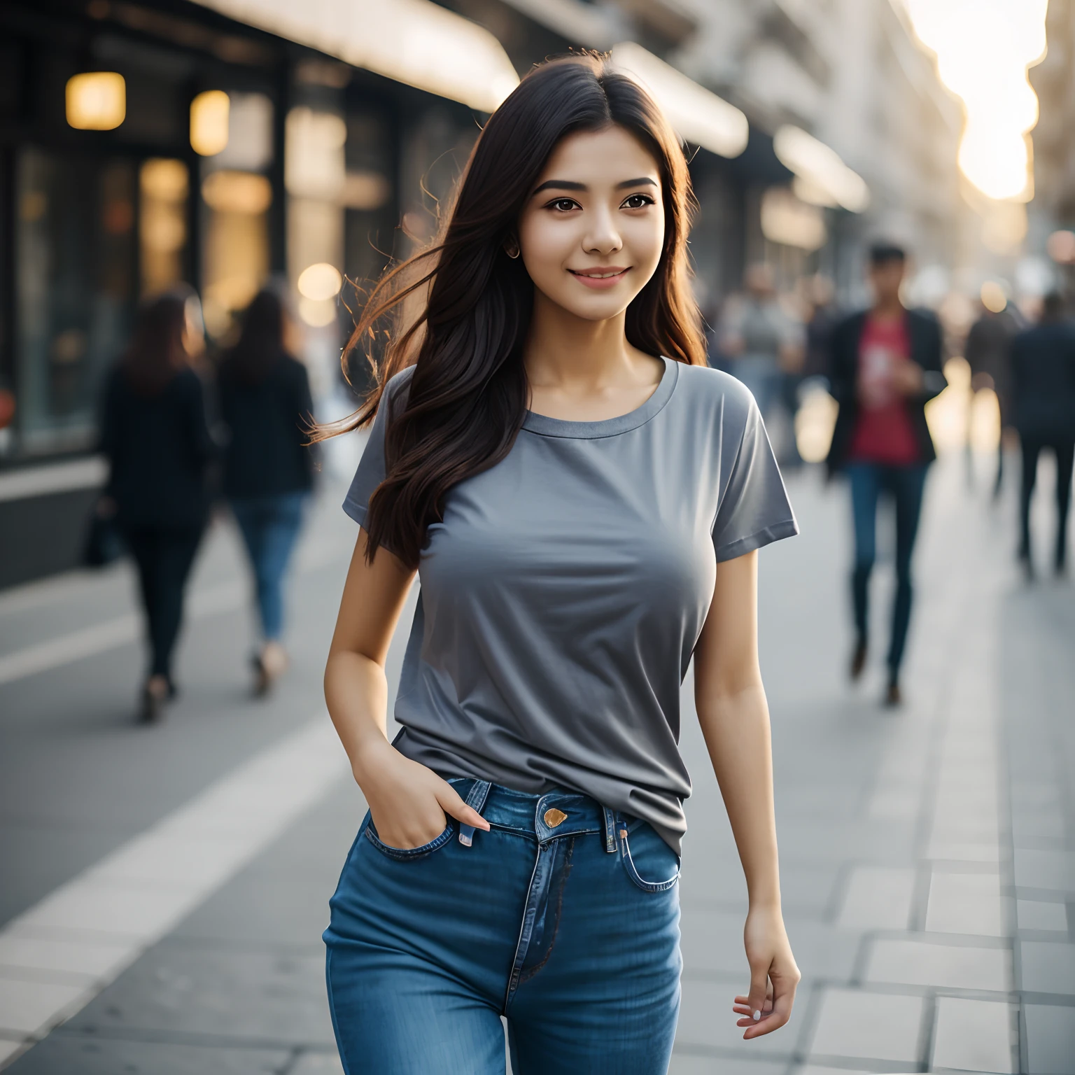 Top Quality, Photorealistic, 8K, High Definition, 1 Tirkish Girl, 27 year old Woman, wearing black round neck baggy Tee-shirt, regular fit, regular length, no printing on Teeshirt, skinny damage ankle fit jeans, heels, perfect body (Skindentation), (Big Breasts, bouncy breasts), (Professional Lighting, Bokeh), (Street), (People, Crowd: 0.6), Market, (Night: 1.2), (Gray: 2.0), (Blouse: 1.5), (Portate: 0.6), Gorgeous, Bloom, (Floating Hair), (Light particles, Lens Flare, Luminous Particles: 0.6), ( Dynamic Pose: 1.2), soft lighting, walking style with little smile, model posing, Tirkish beautiful girl.