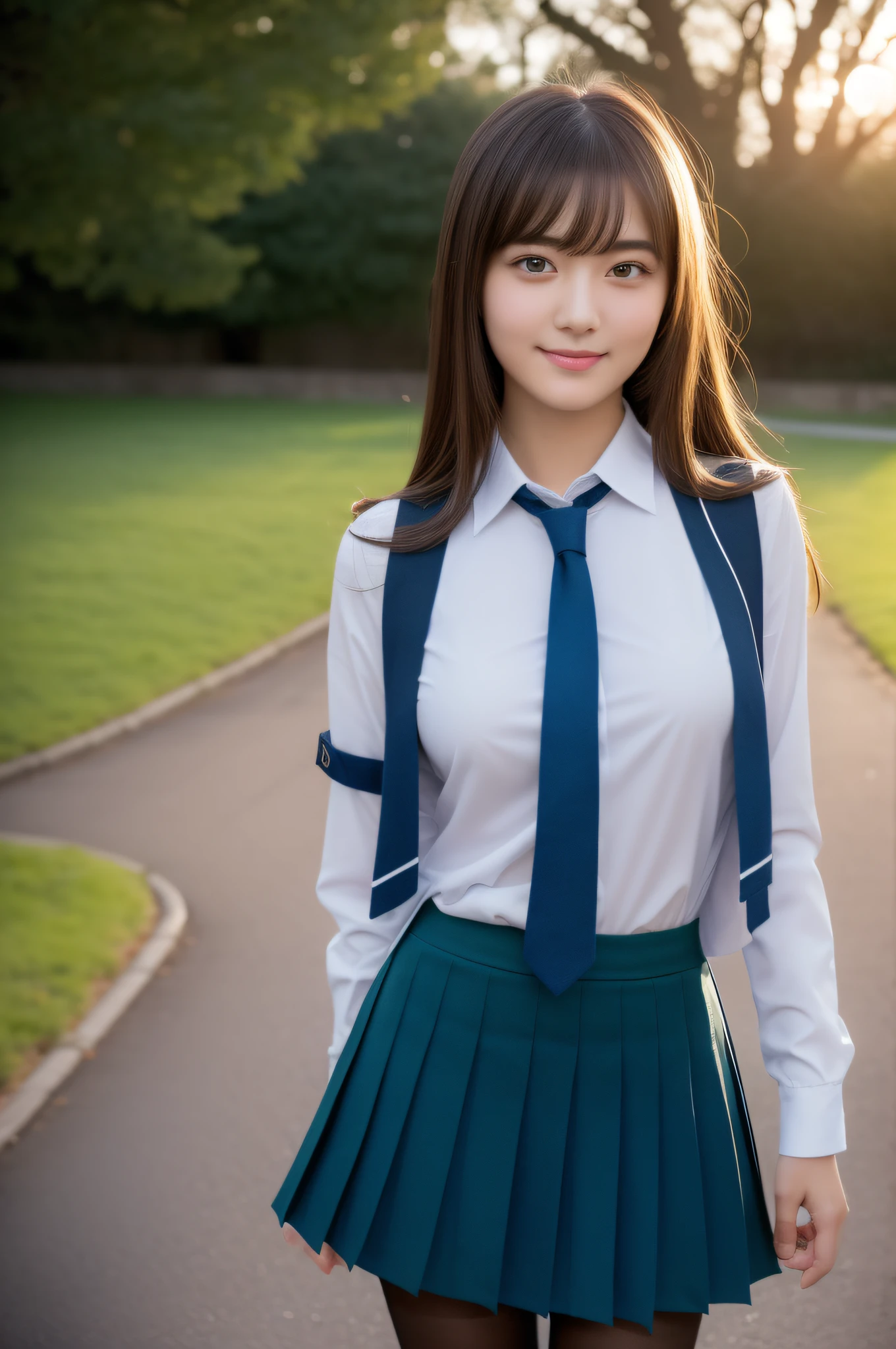 8K, Top Quality, Real Image, Complex Detail, Ultra Detail, Ultra High Definition, Depth Field,(Photorealistic,Real:1.2),Masterpiece, 0.25 :: Close Up , Straight On Shot , Middle Out ,
One girl, ai_chan, very beautiful 17-year-old girl, innocent big eyes, (Brown_SHORT_hair), (GREEN_eyes: 1.0), (bangs), disheveled hair, (hair clip), perfect shiny skin, perfect skin, fair skin, medium breasts, slender, cleavage, thin waist, light blush, solo, looking at the viewer, light smile,
wear ((school_uniform), (white_skirt), (BLUE_Long_Tie), (BLUE_pleated_skirt), (Black_pantyhose): 1.2),
(Gravure Pose: 1.1),
sunset
Japan High School ,Full Body